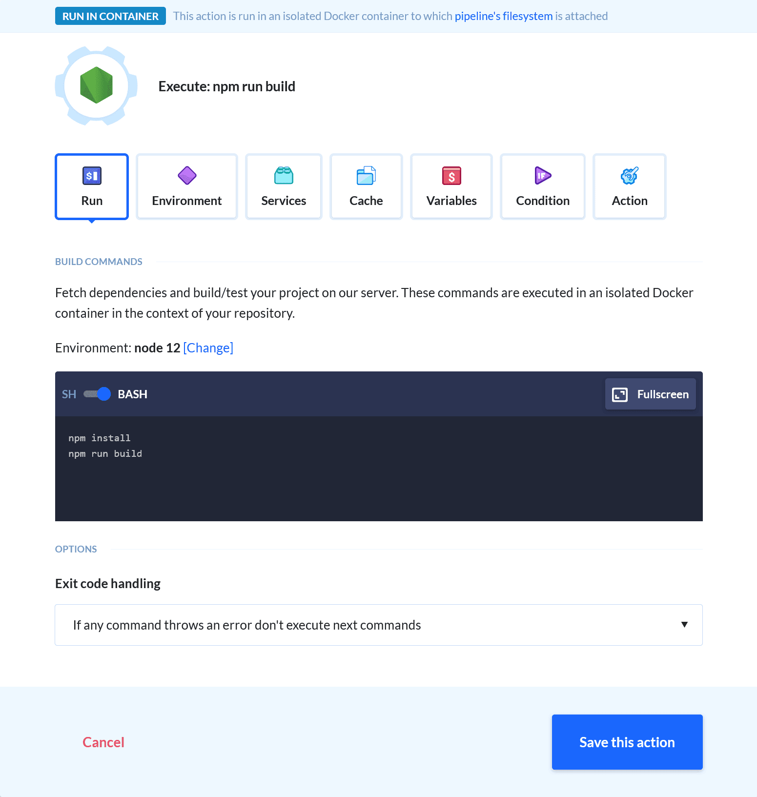 Node action configuration