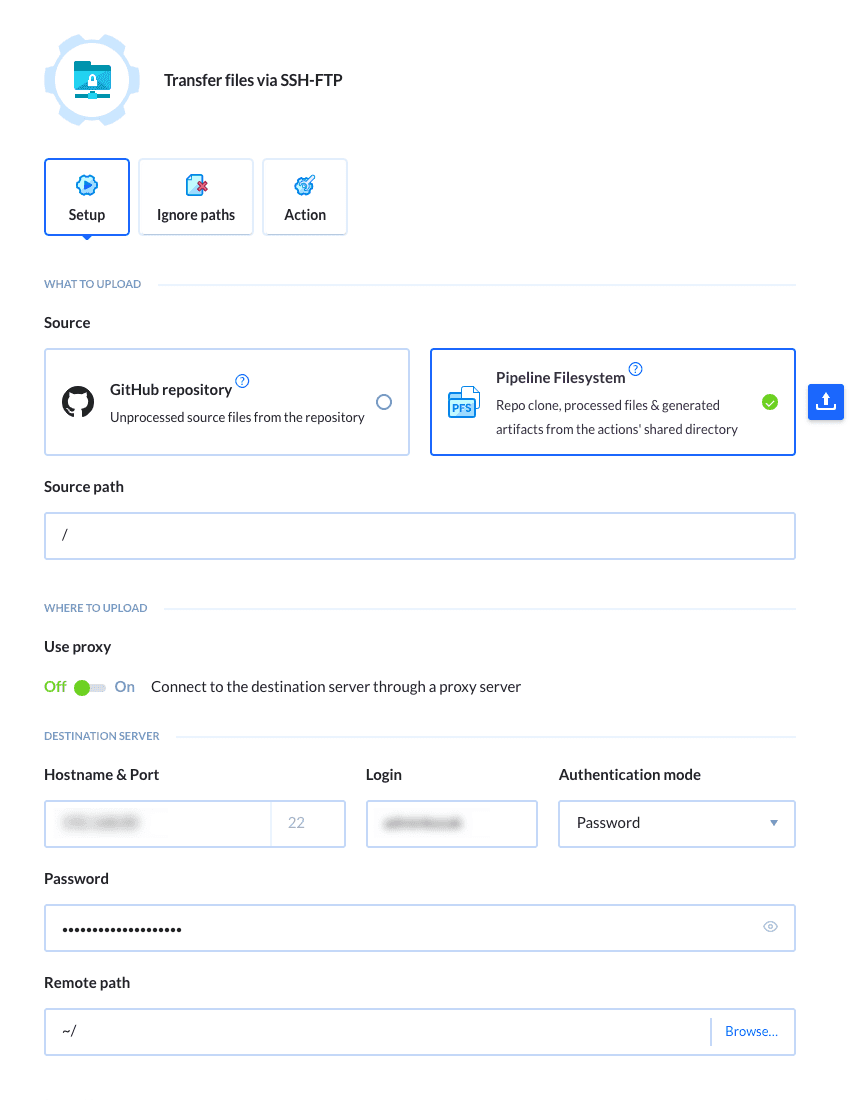 SFTP action configuration