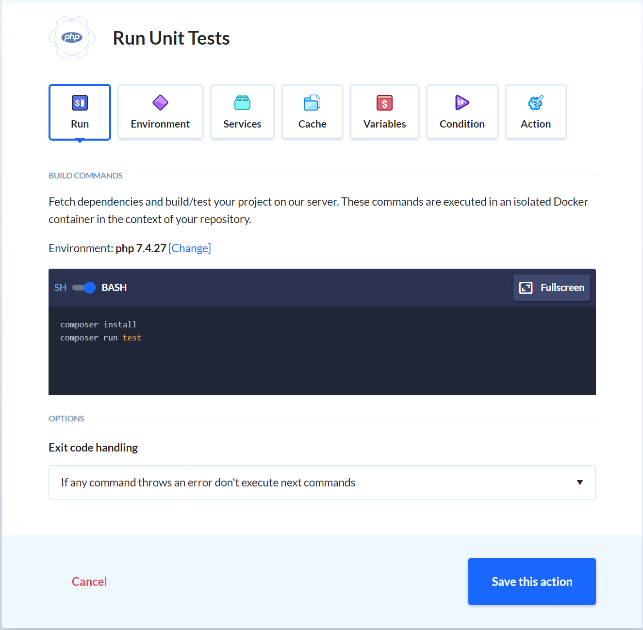 PHP action terminal