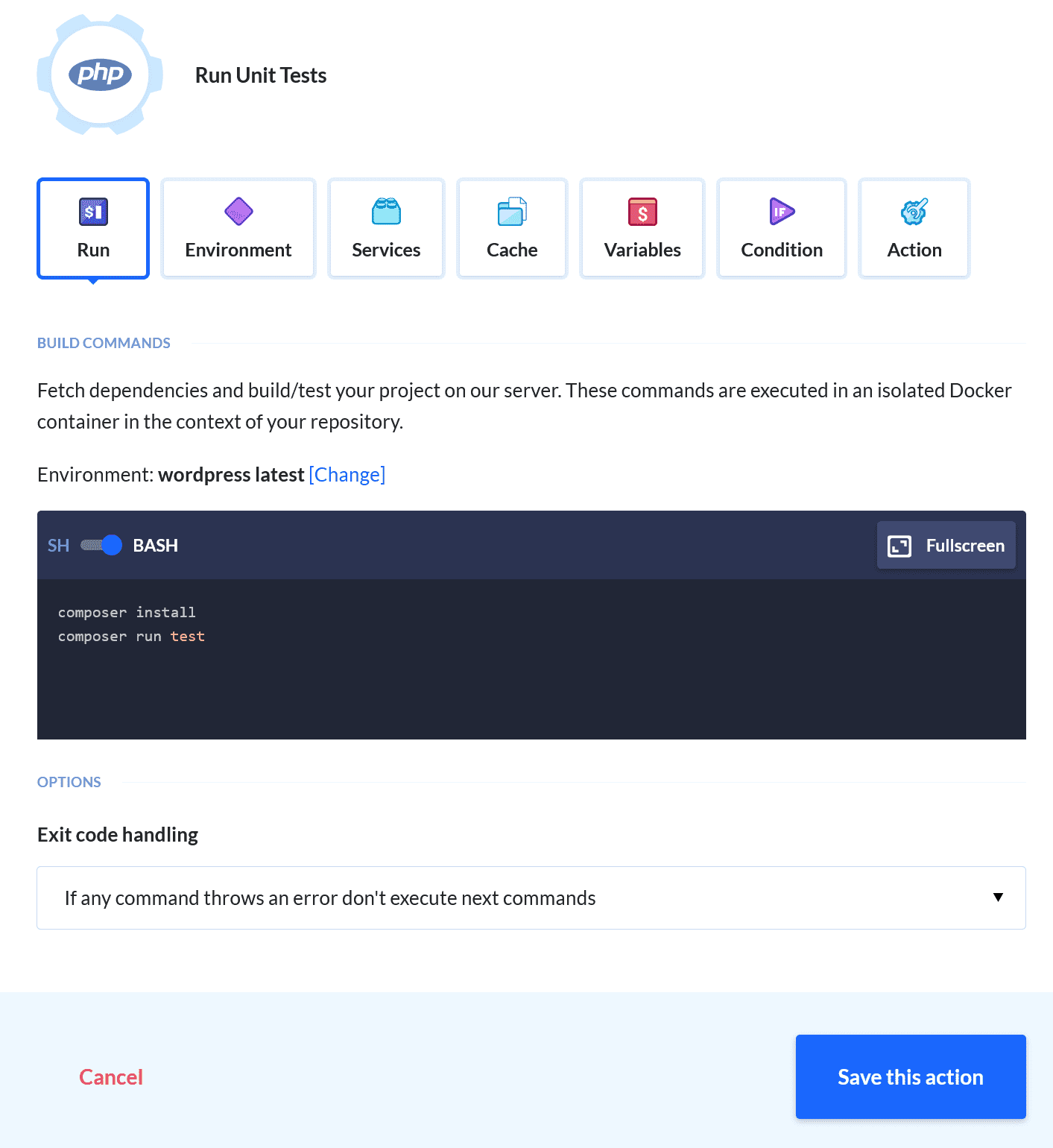 PHP action config