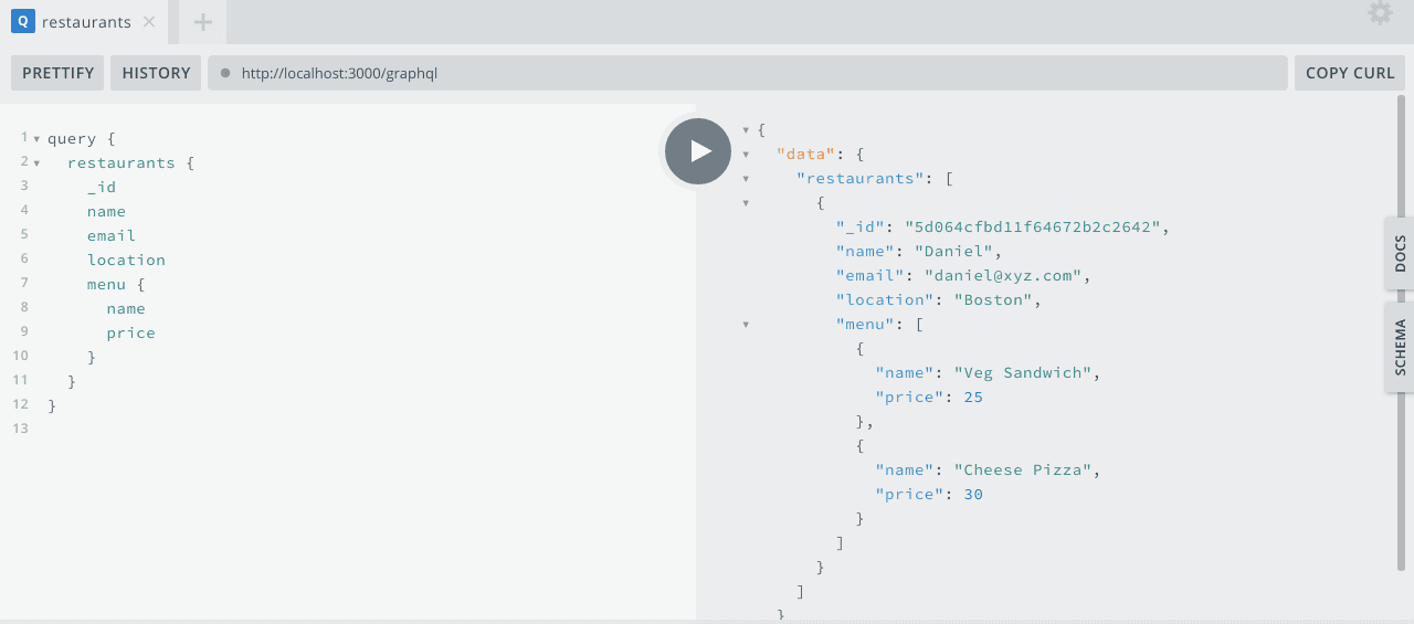 Restaurants query in GraphiQL