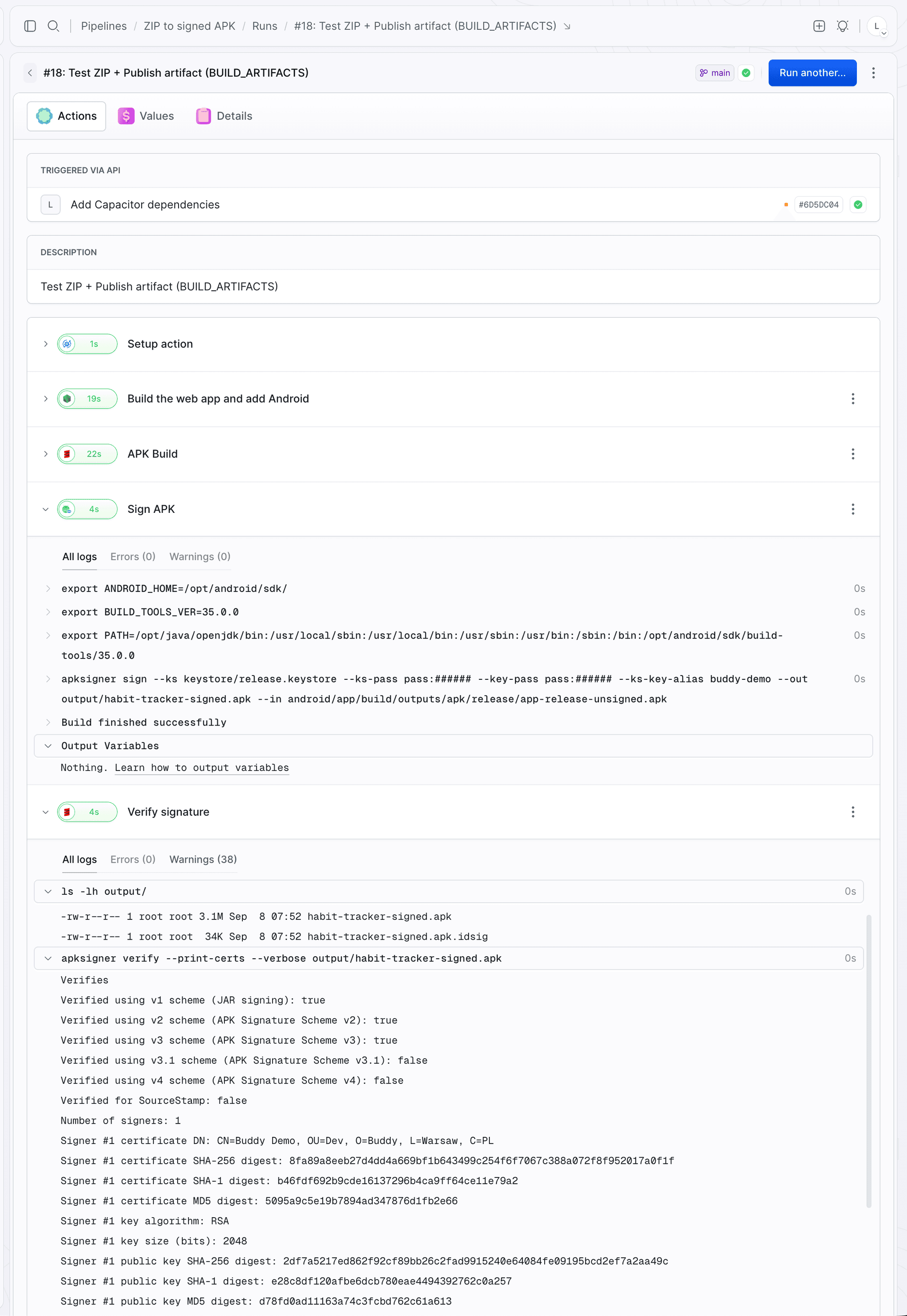 Verify signature action log with the apksigner output