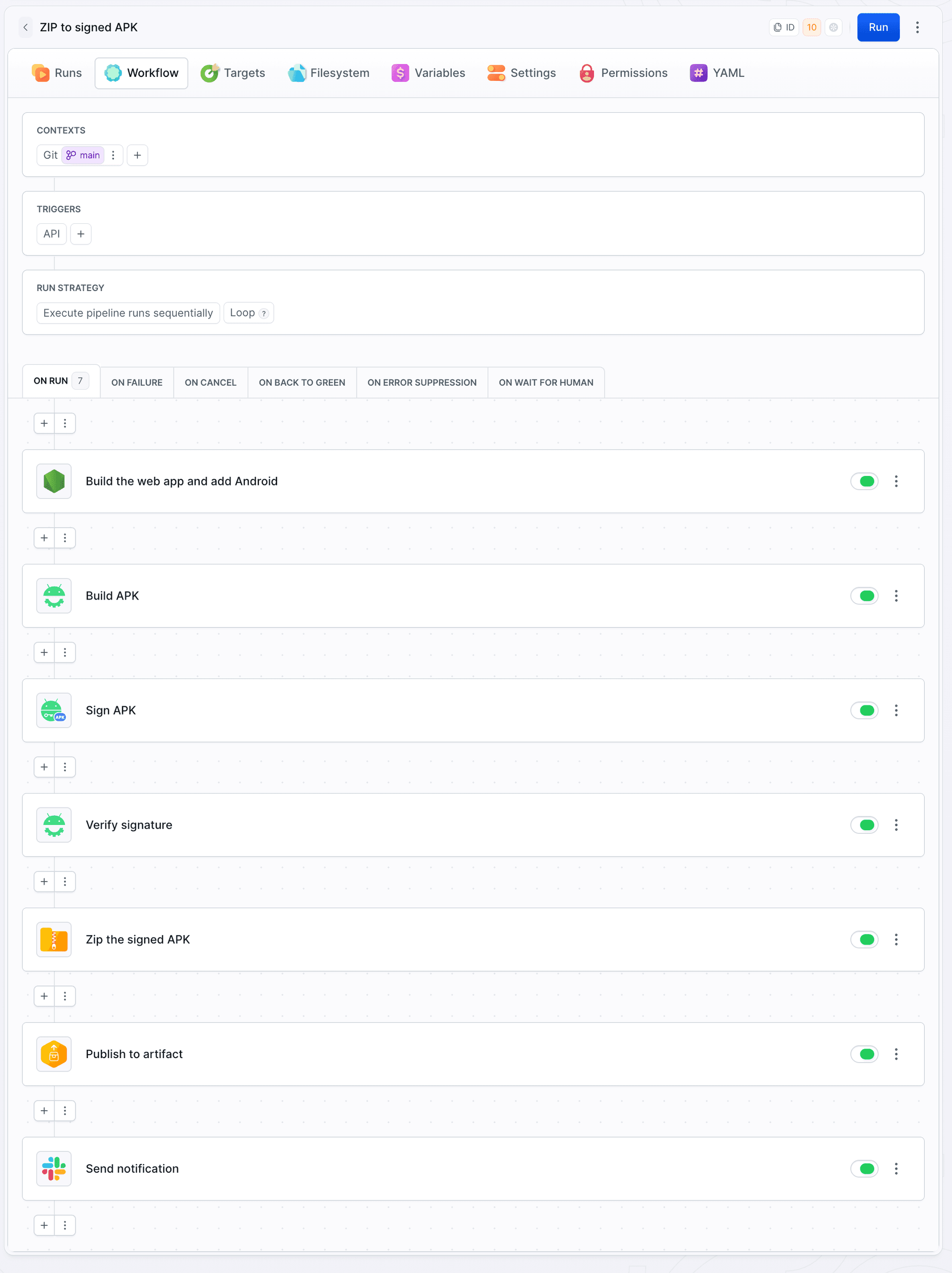 Workflow tab with all seven actions