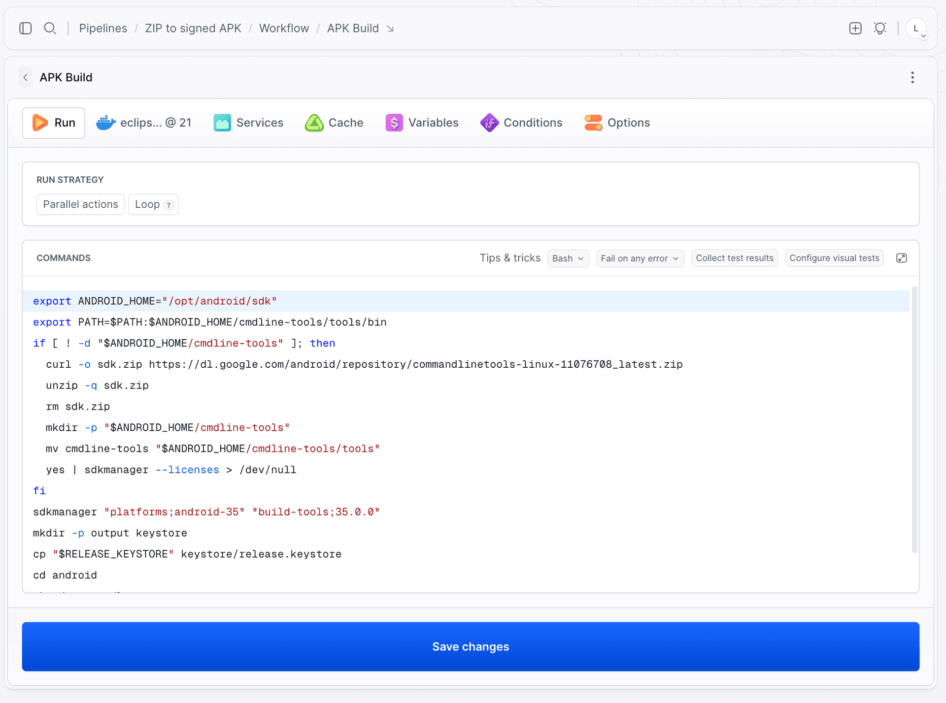 Commands of the APK Build action