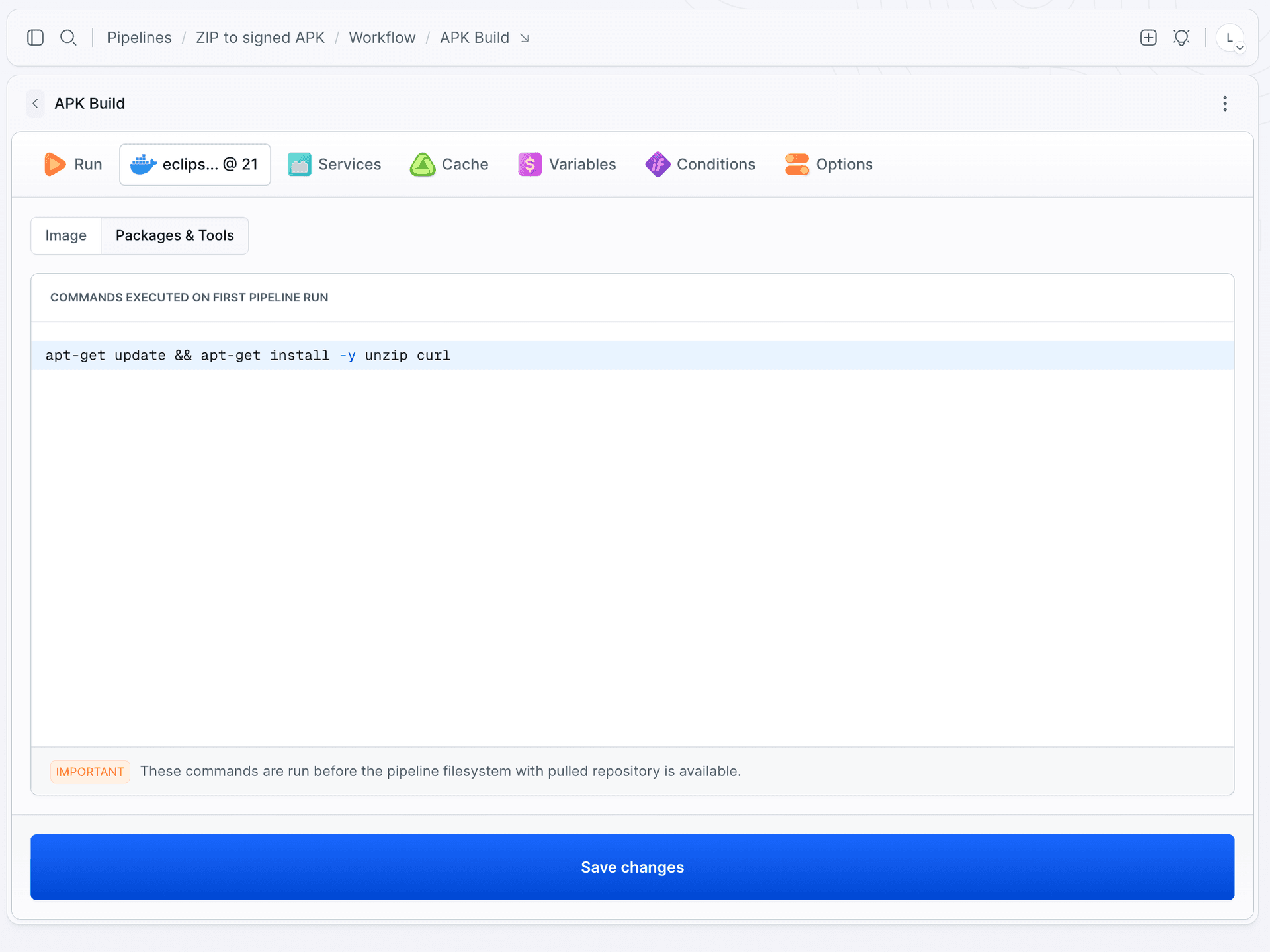 Packages and Tools tab of the APK Build action with the setup command