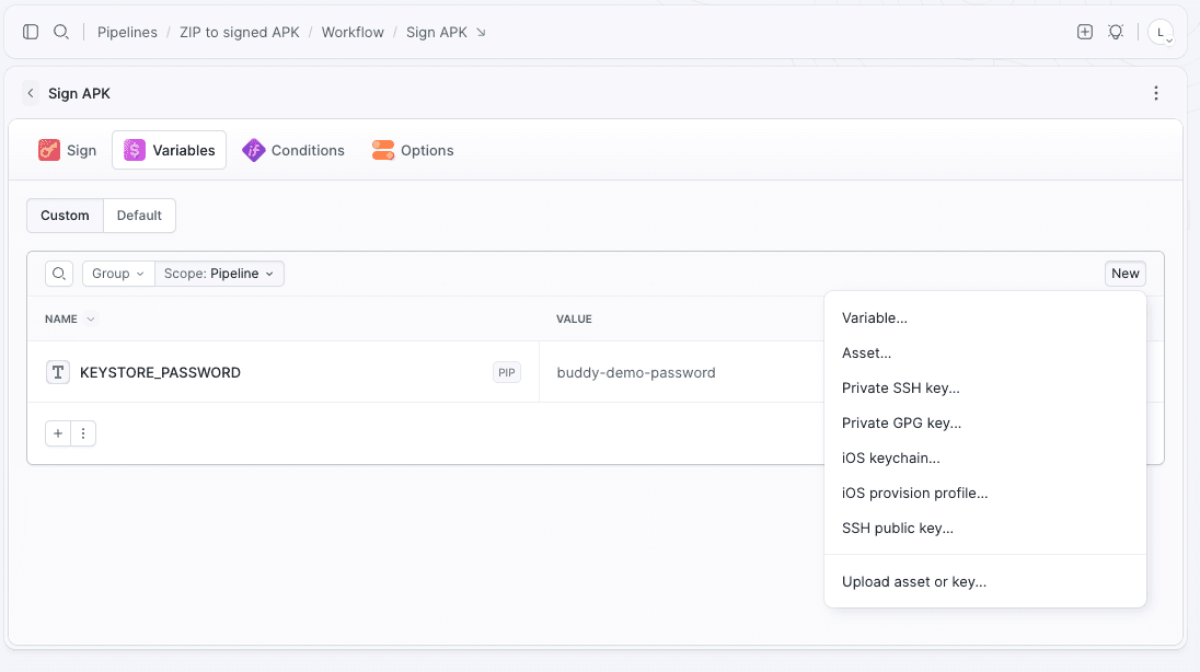 New dropdown with the Asset option on the Variables tab