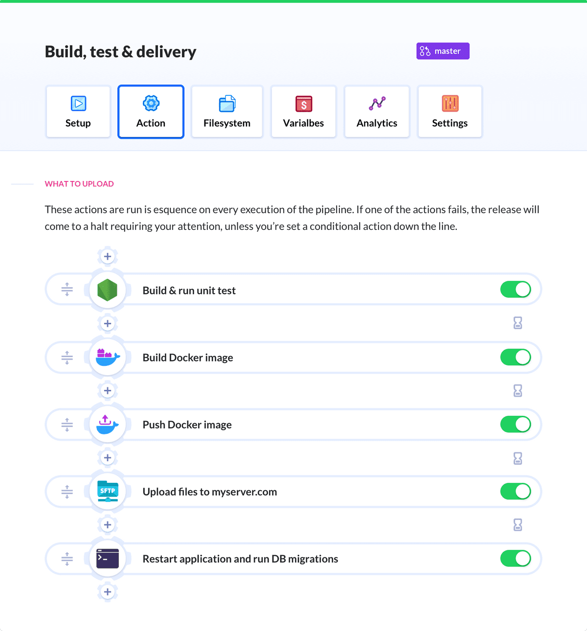 Screenshot of actions in build and delivery processes in Buddy