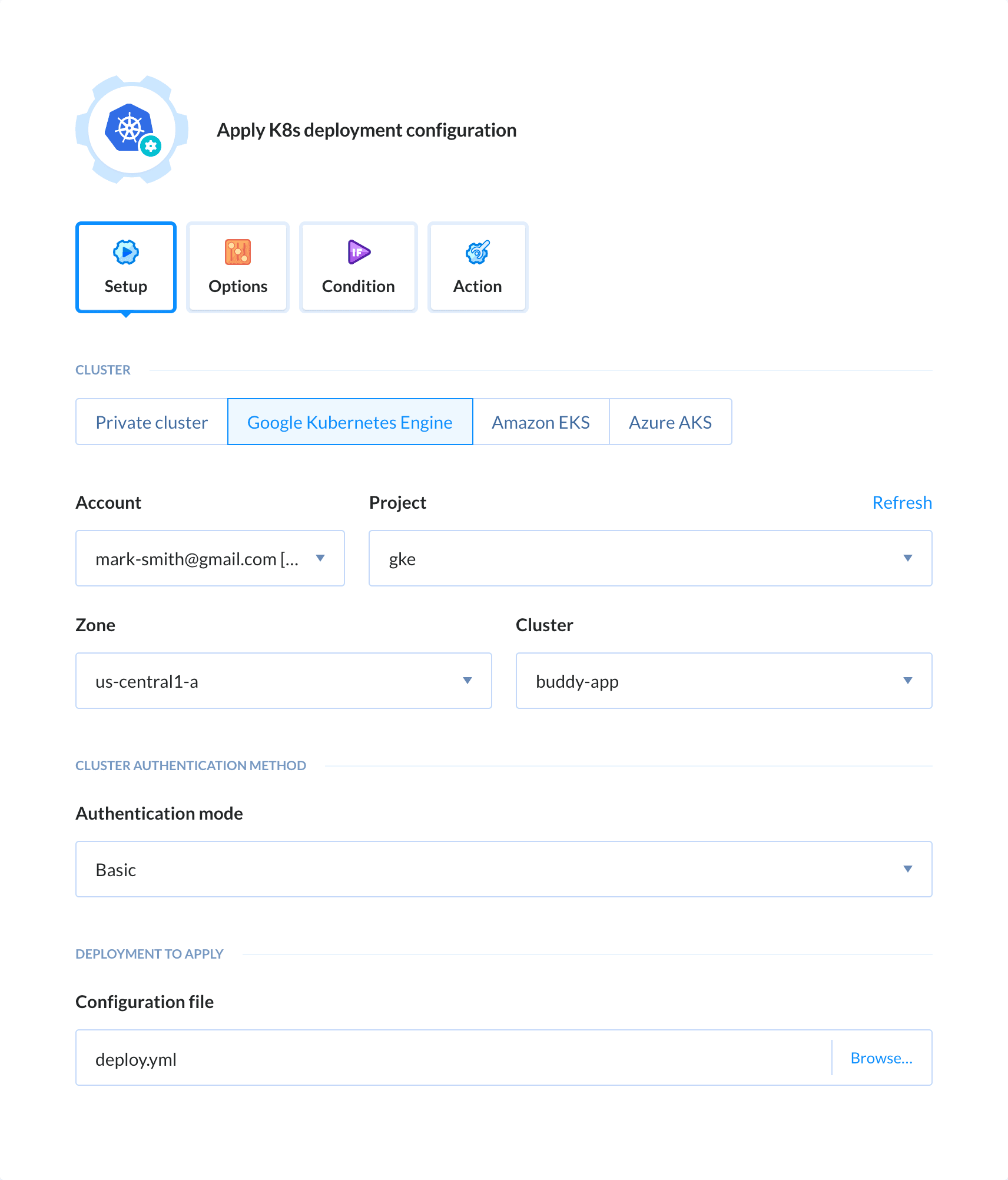 Preview Apply Kubernetes Deployment action, tab Setup