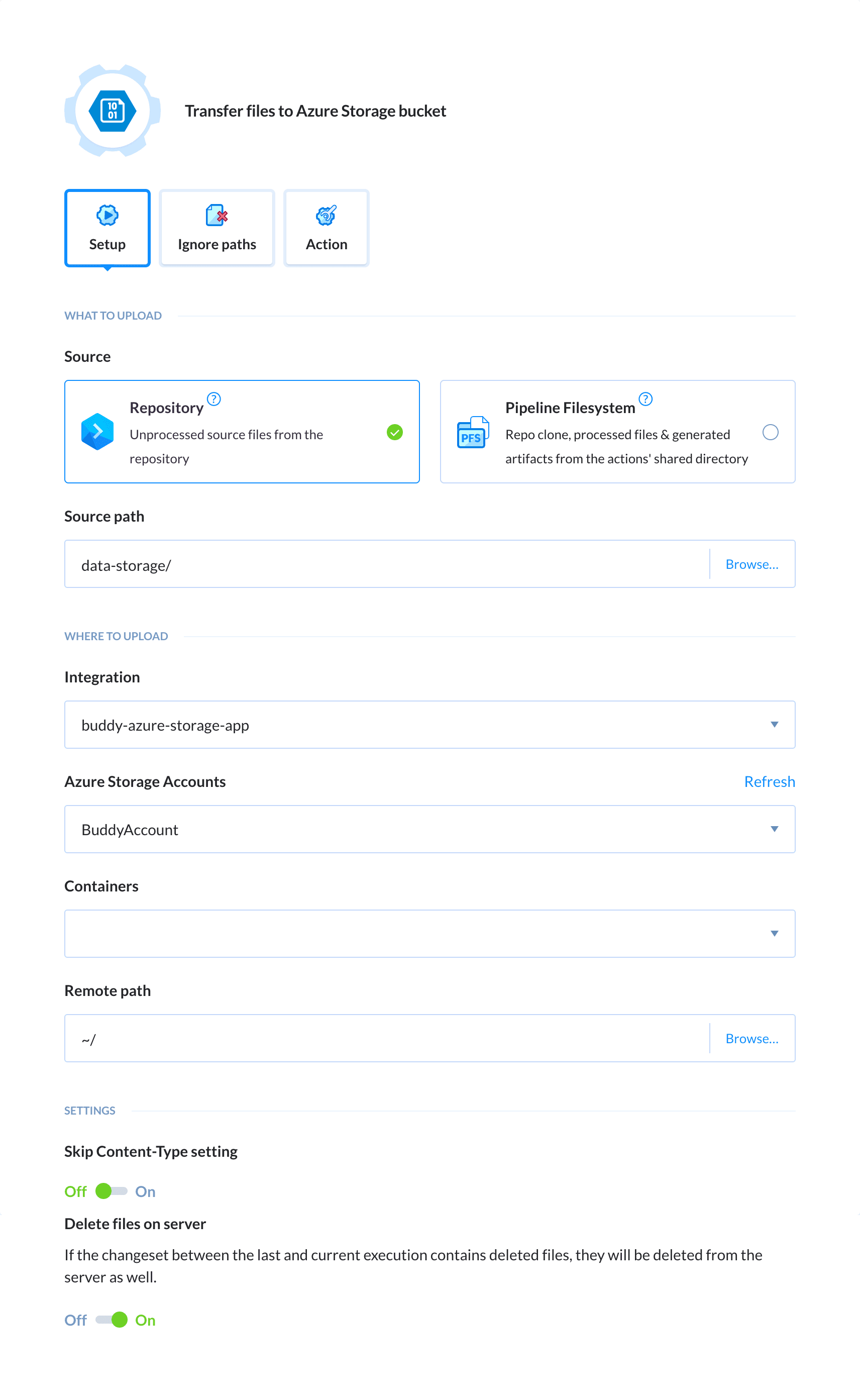 Preview Azure Storage action, tab Setup