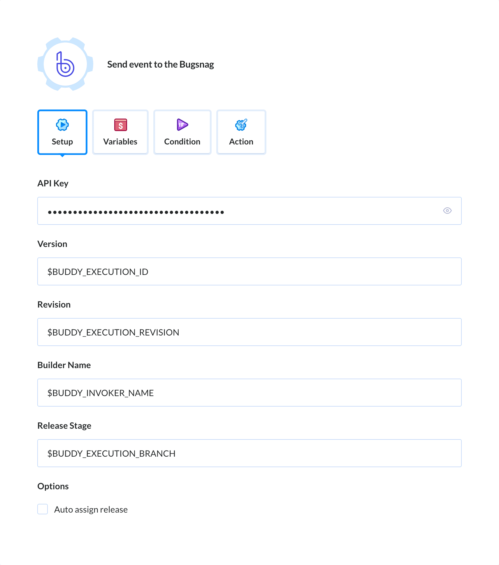 Preview Bugsnag action, tab Setup