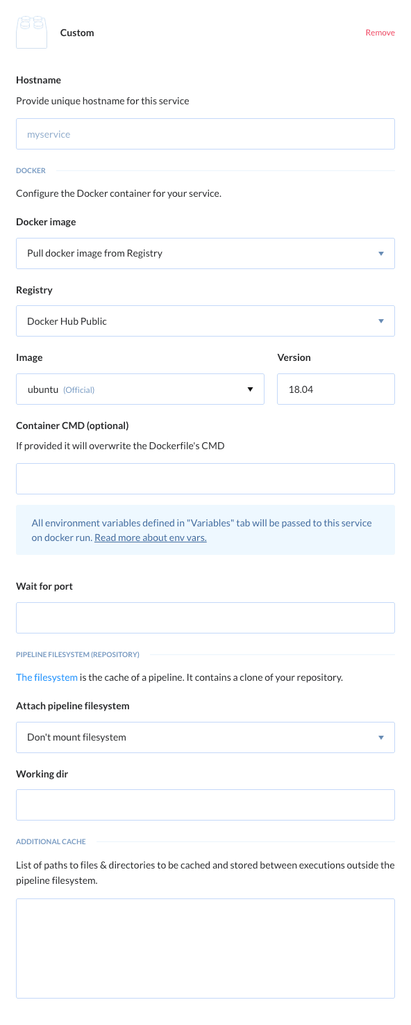 Preview Custom Service action, tab Environment