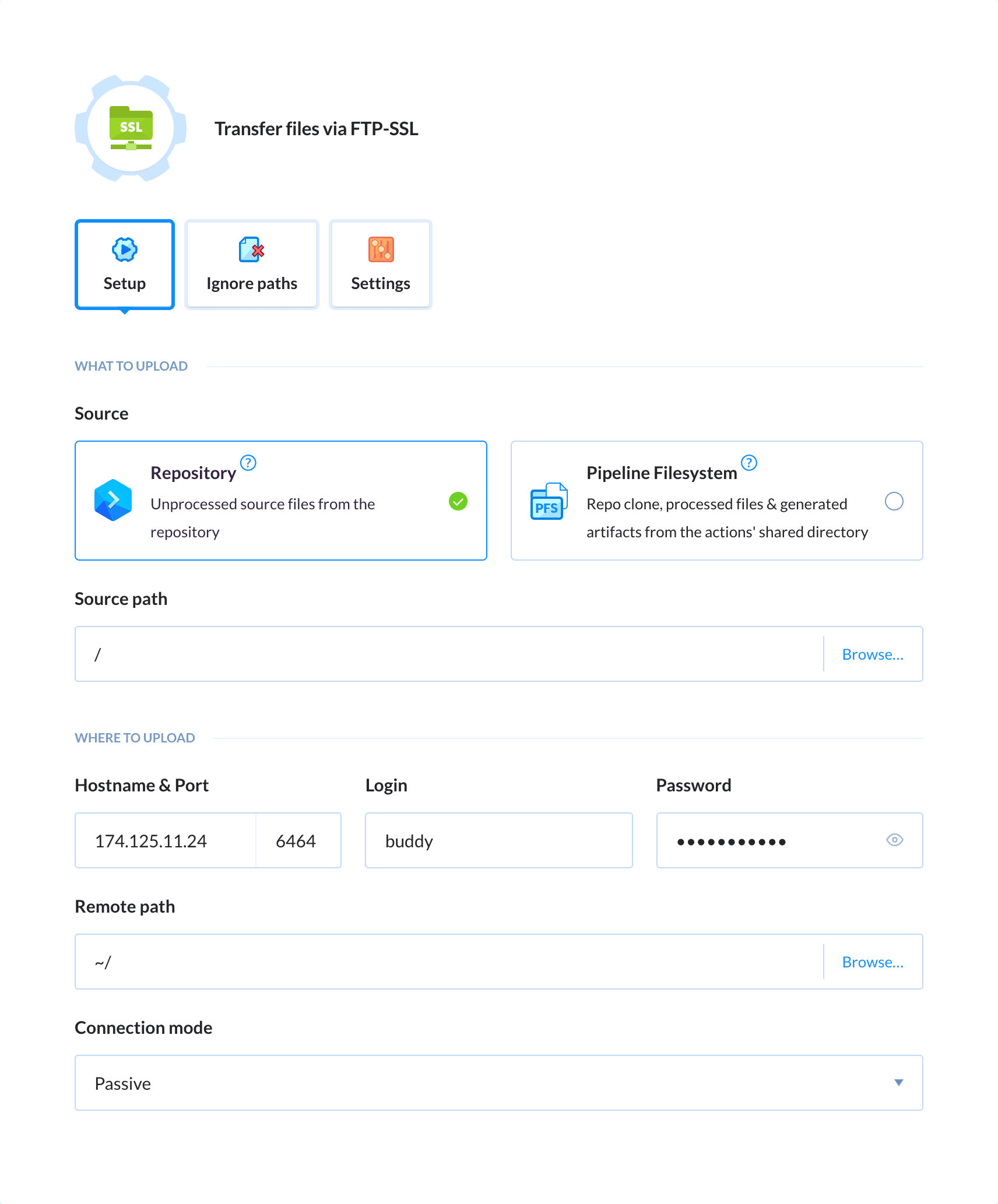 Preview FTPS action, tab Setup