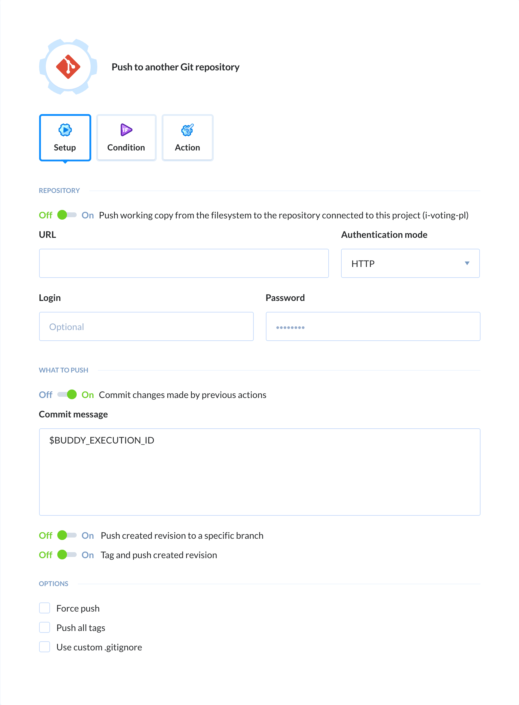 Preview Git Push action, tab Setup