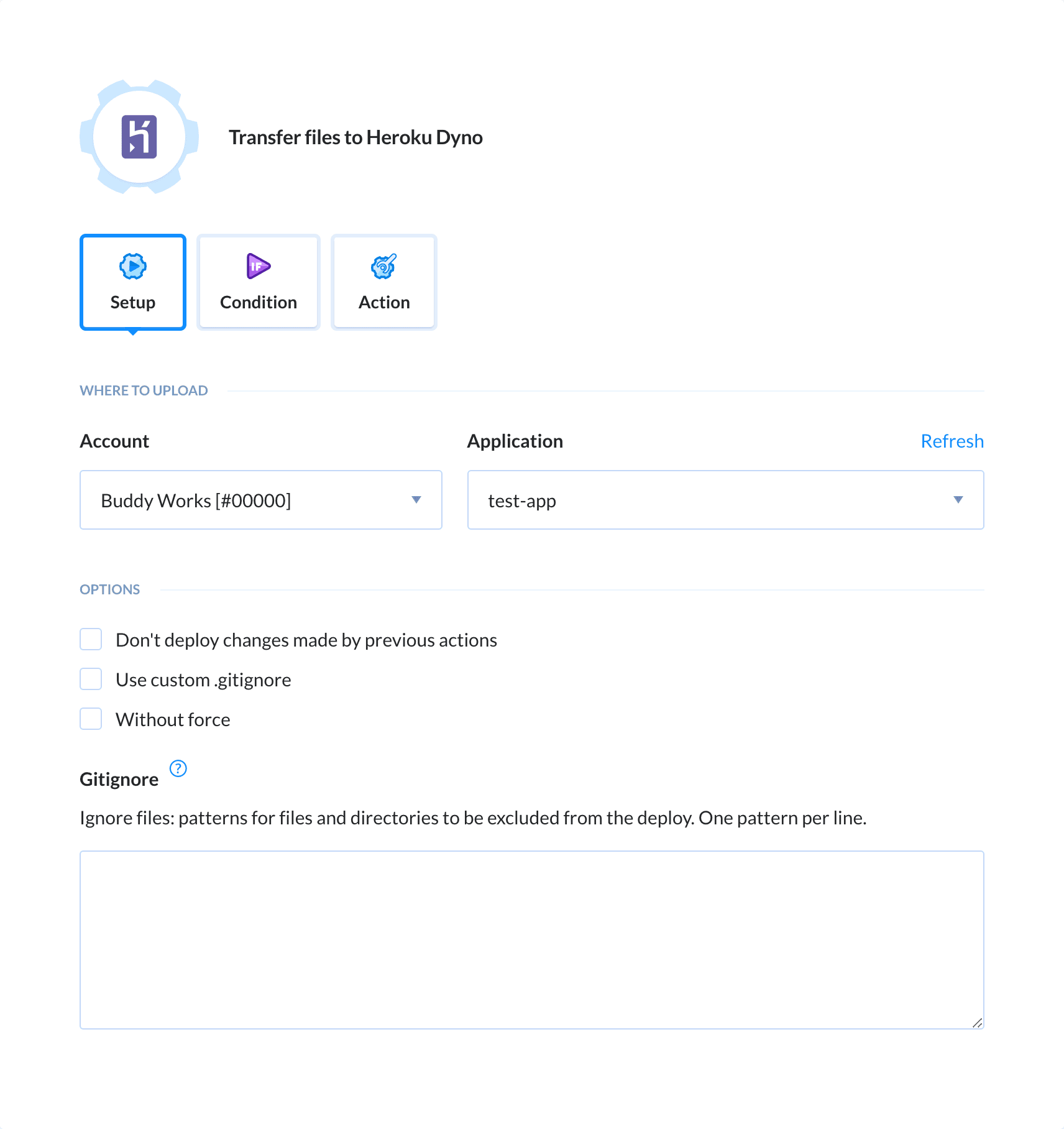 Preview Heroku action, tab Setup