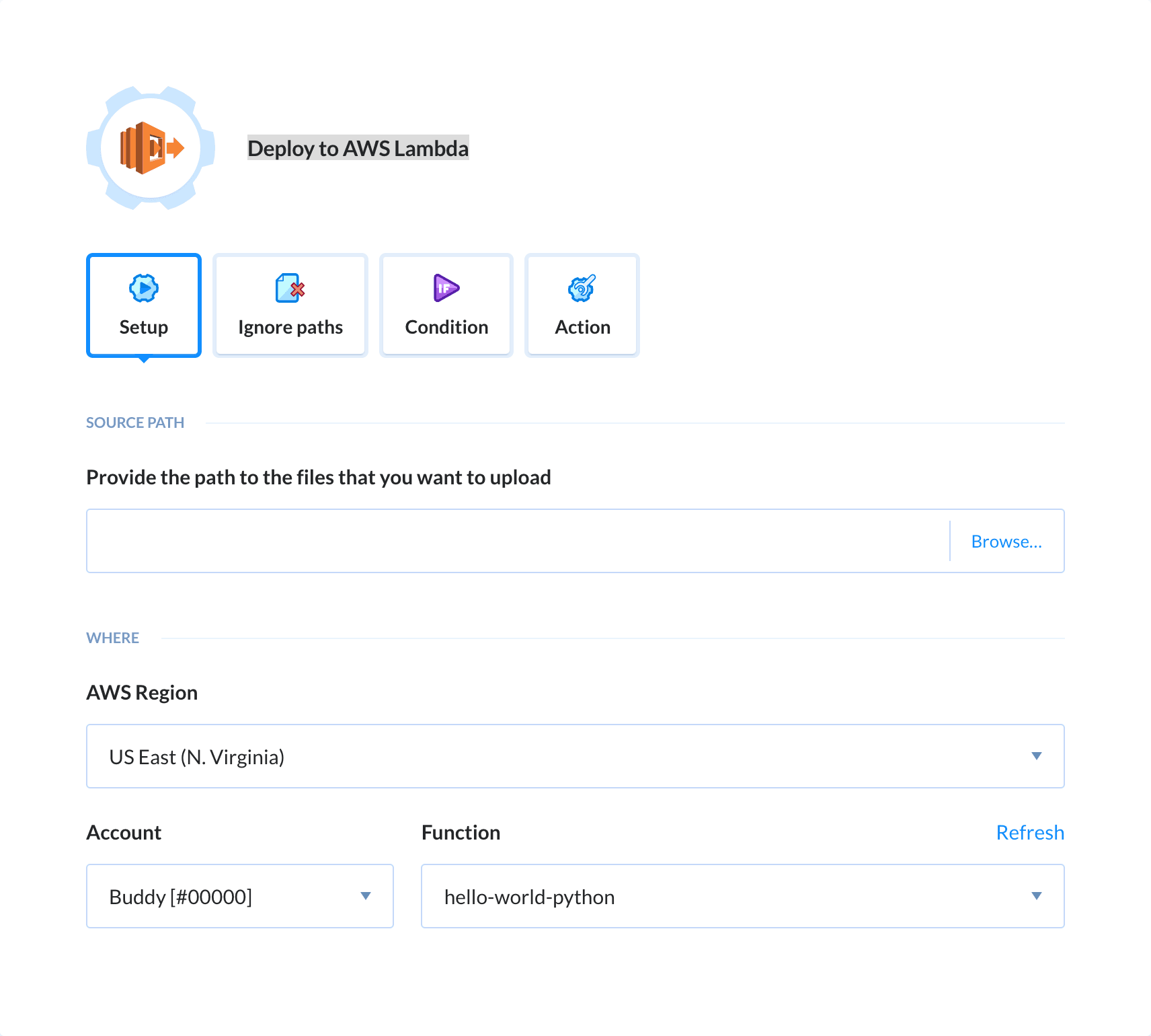 Preview AWS Lambda Deploy action, tab Setup