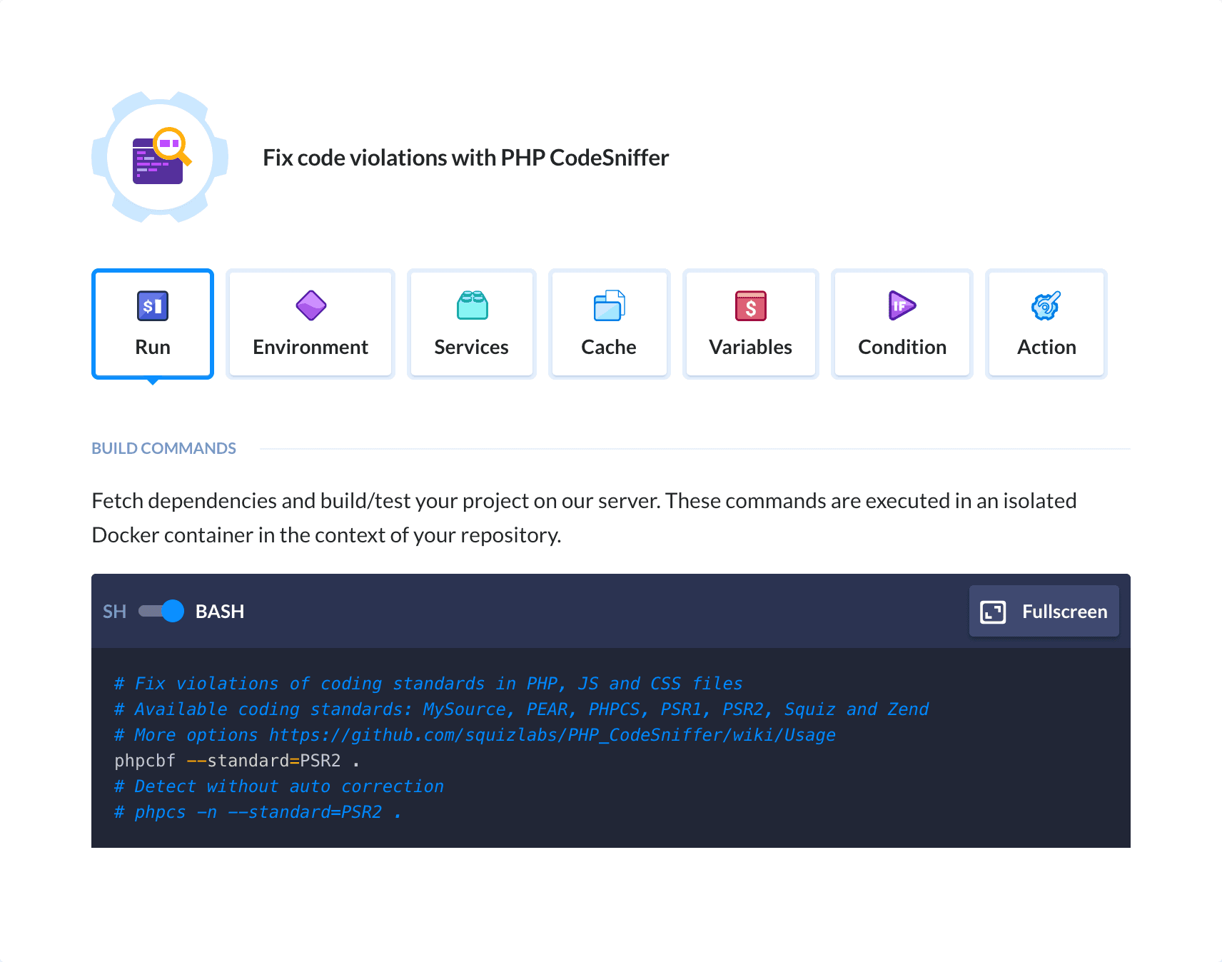 Preview PHP CodeSniffer action, tab Run