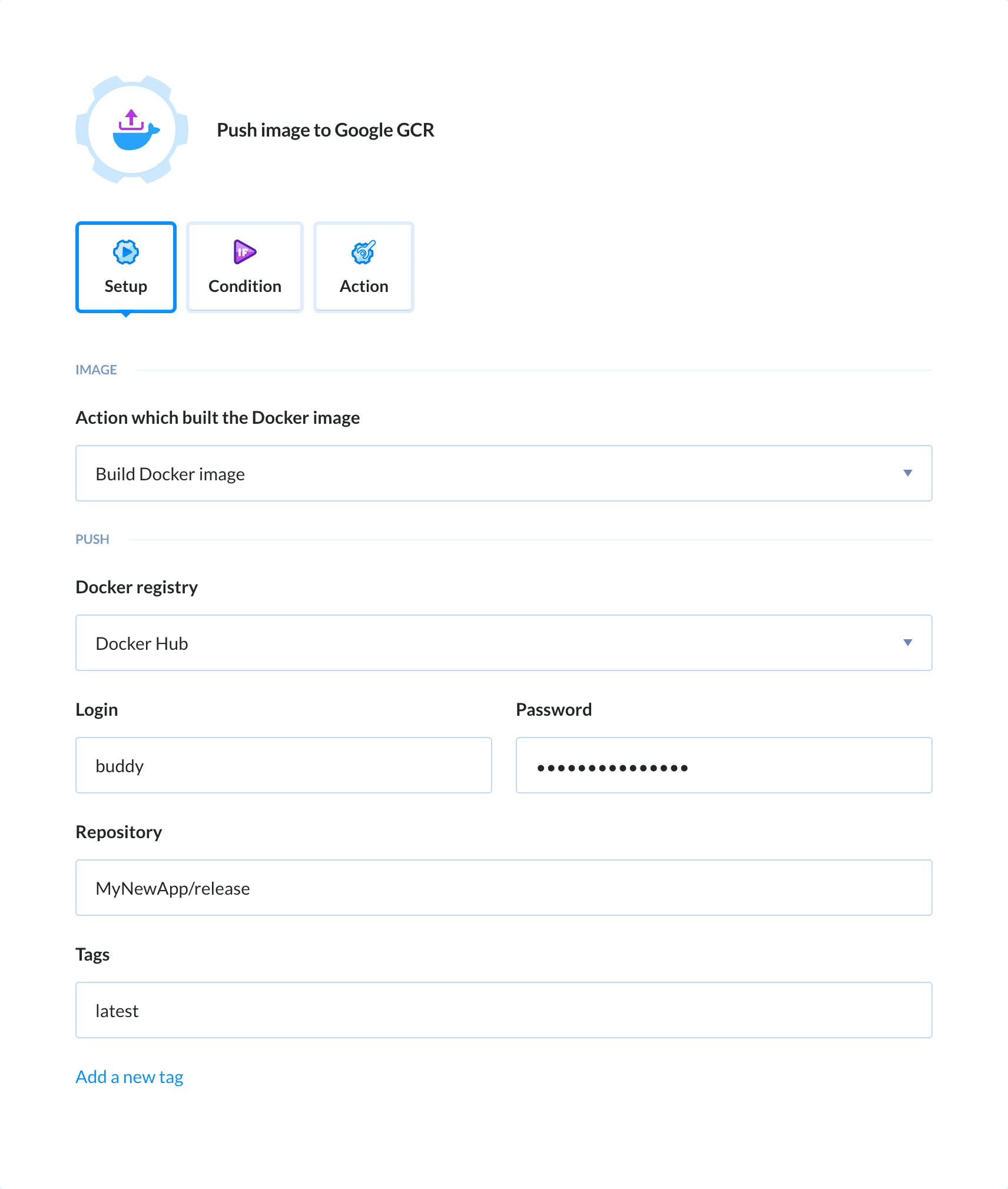Preview Push Docker Image action, tab Setup