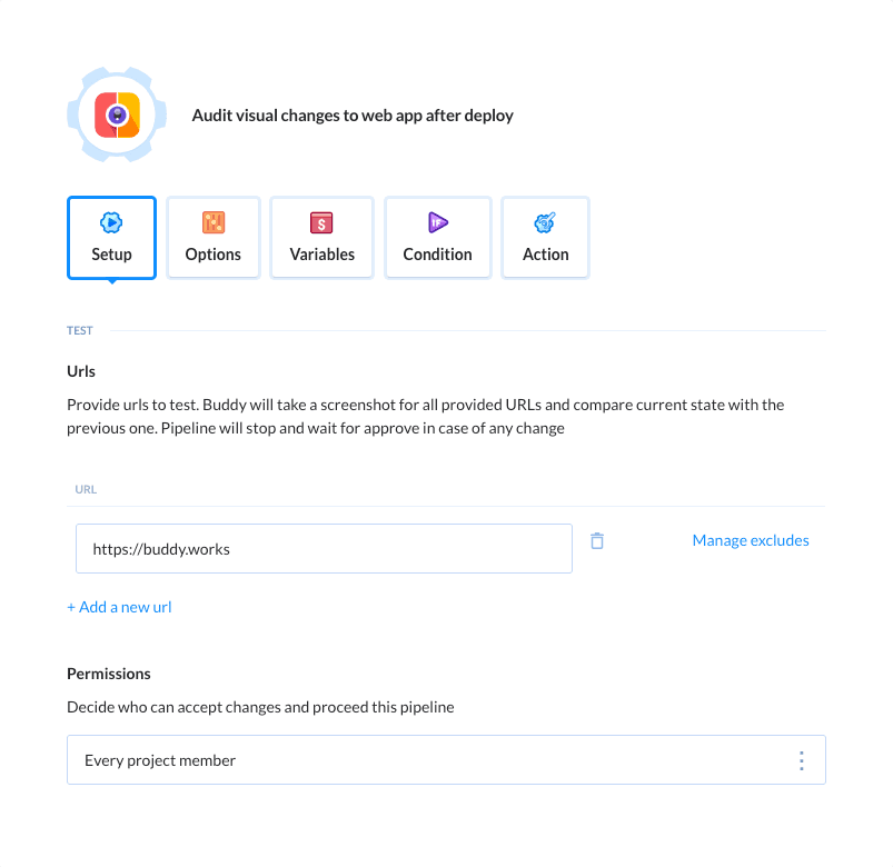 Preview Visual tests action, tab Setup