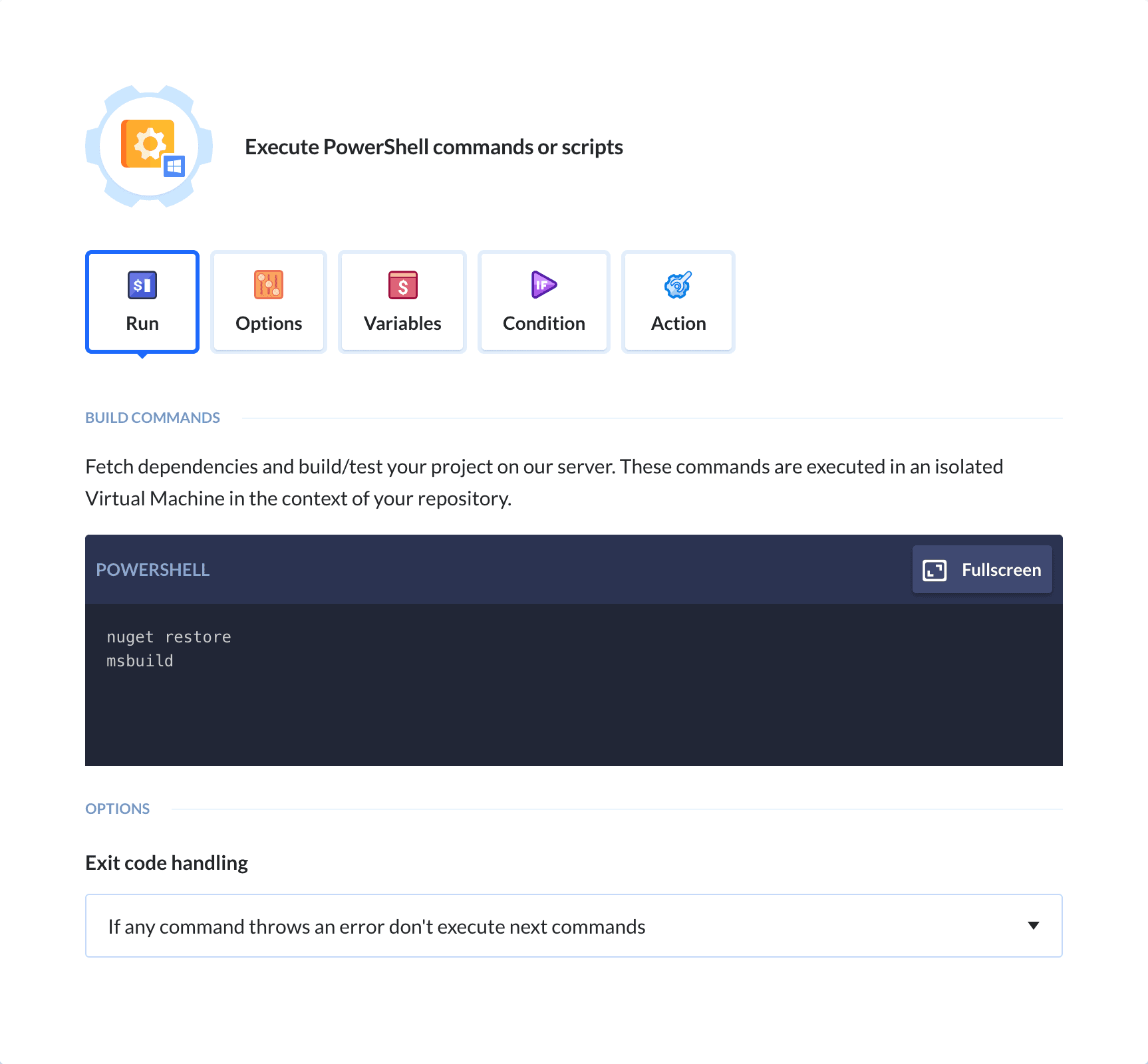 Preview Windows VM action, tab Run