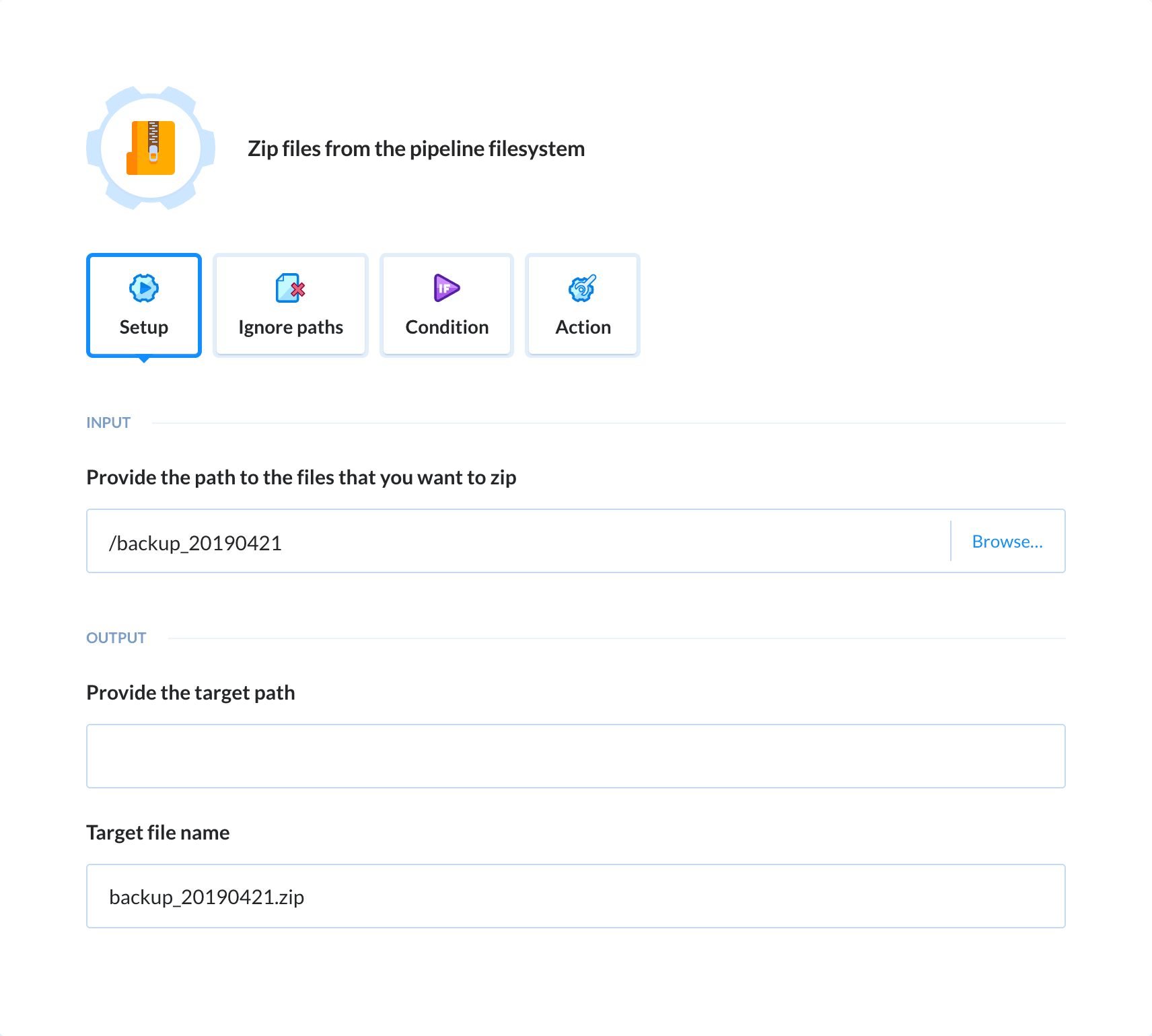 Preview Zip action, tab Setup