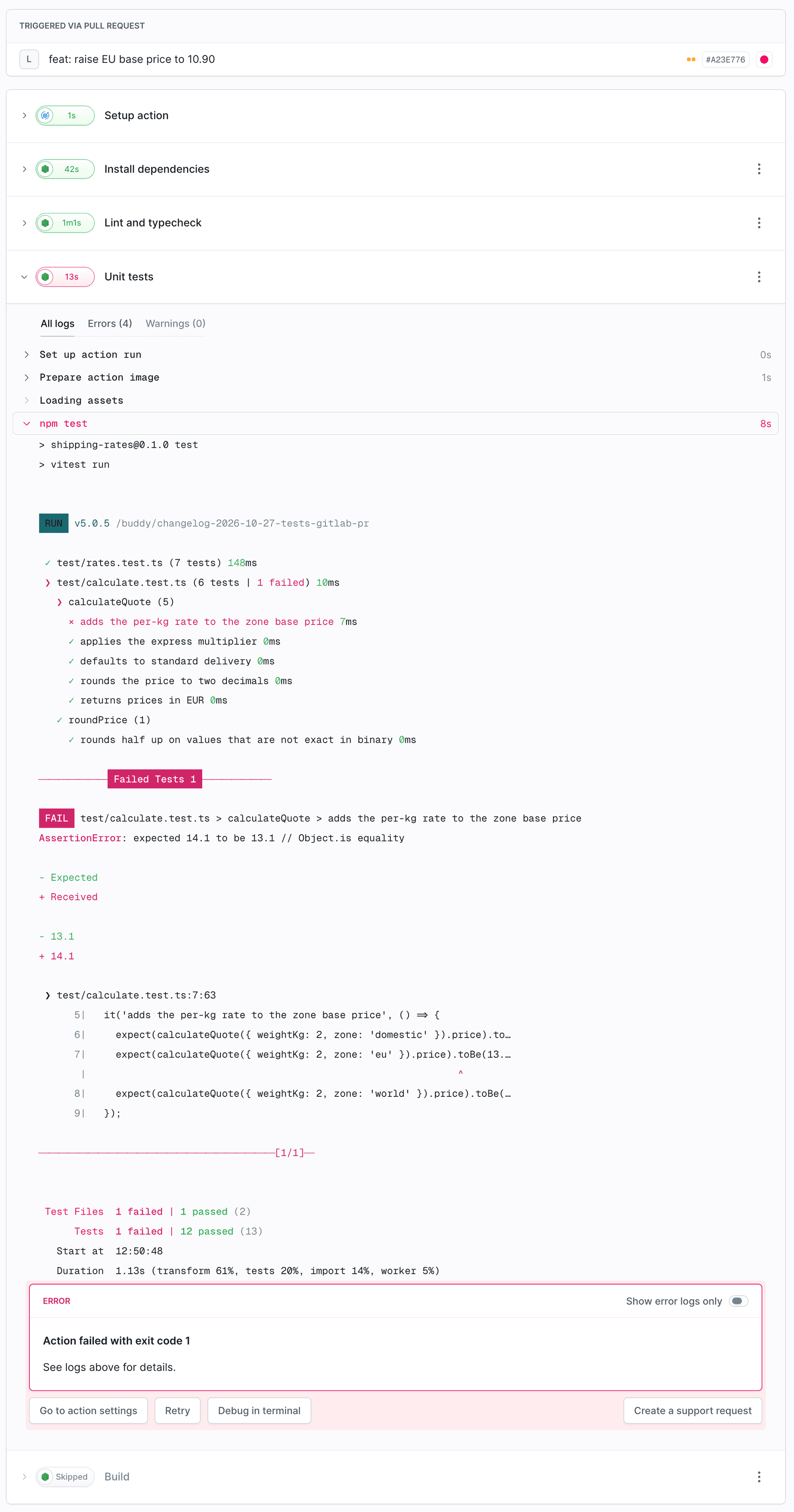 Failed run with the test log