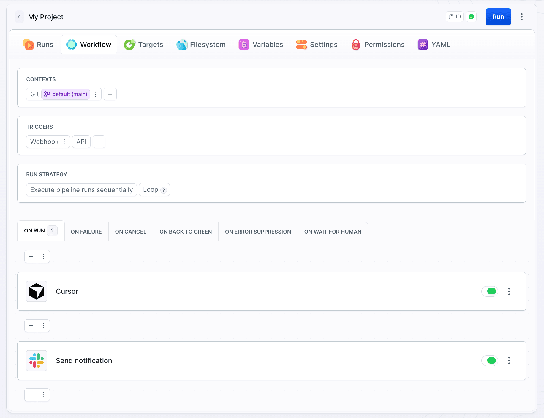 The pipeline with the Cursor action followed by a Slack notification