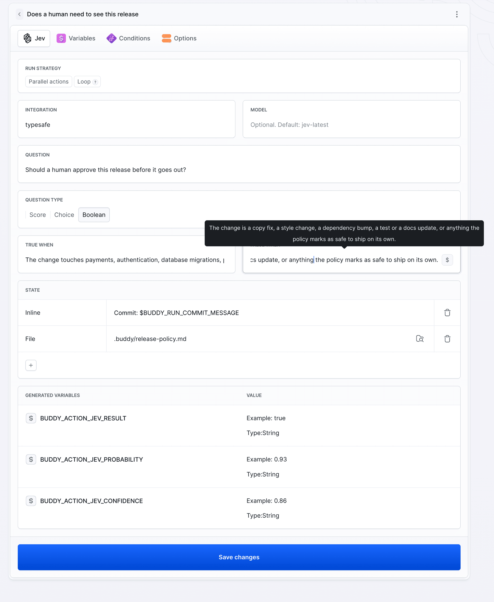 The Jev action in Buddy: typesafe integration, a question, the Boolean type with true when and false when, and the state built from the commit message and a policy file from the repository