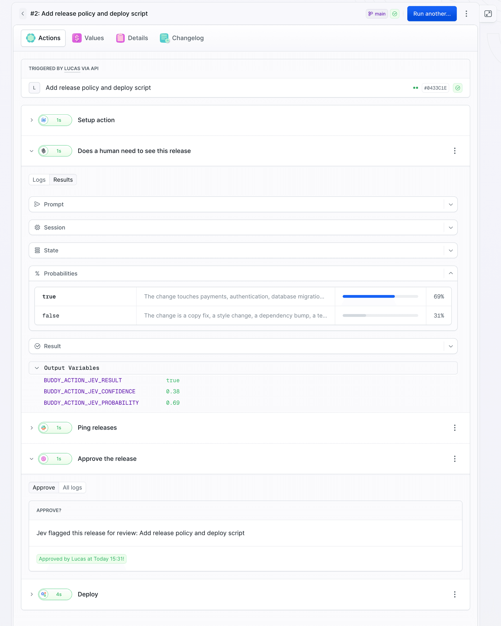 A release gate run in Buddy: Jev answered true with a 69% probability, the Slack message went out, the release was approved by hand and the deploy ran