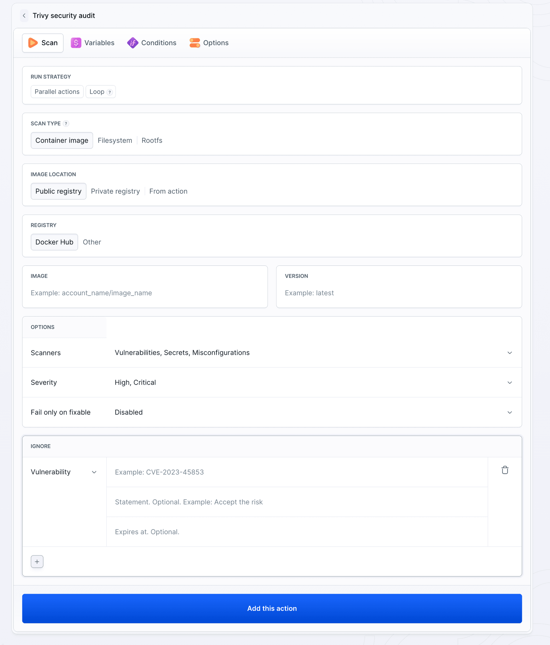 Security Audit action settings