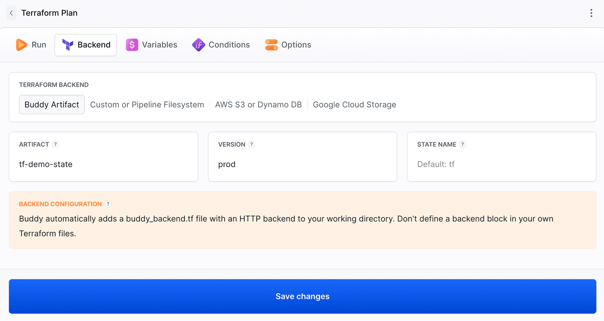 Backend tab of the Terraform Plan action set to Buddy Artifact