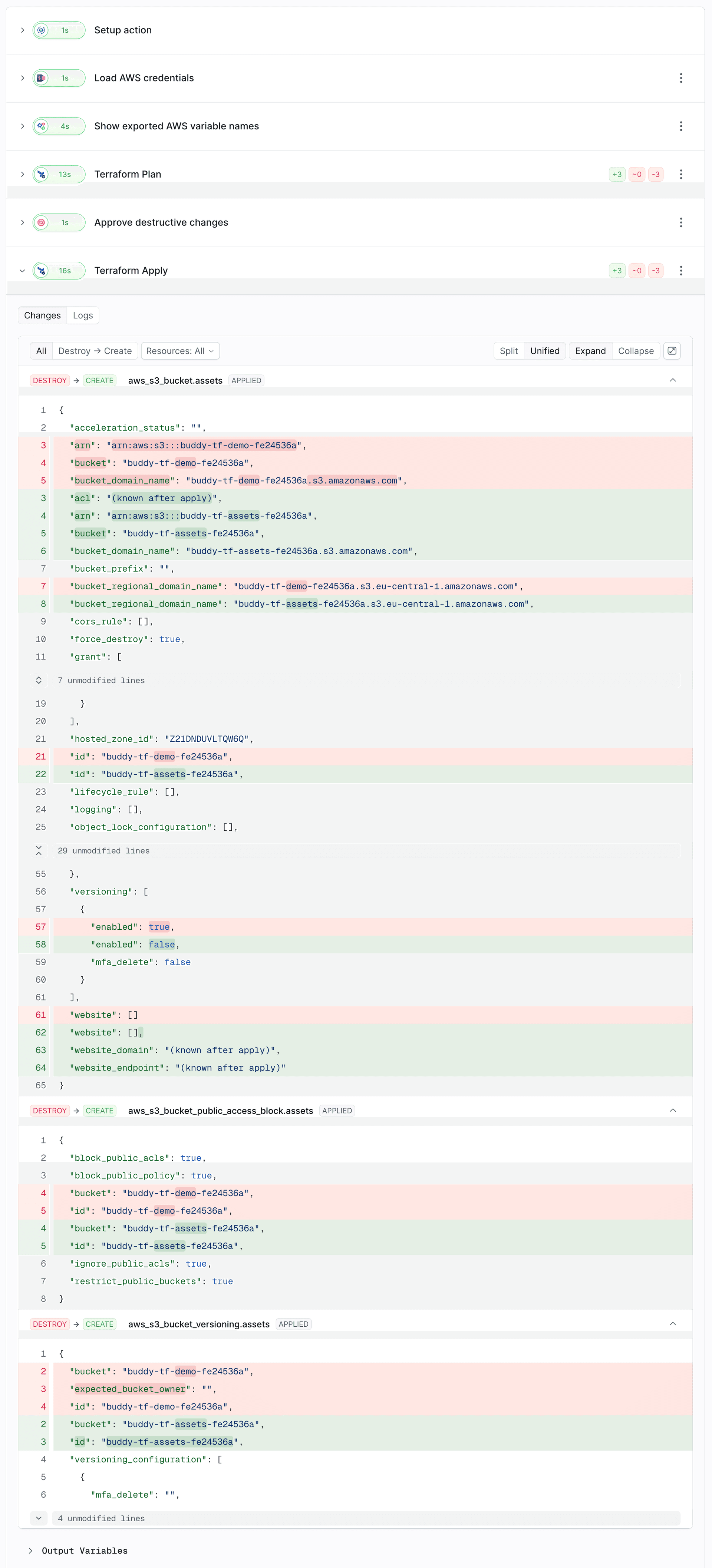 Changes tab of Terraform Apply after the bucket rename: old resources destroyed, new ones created