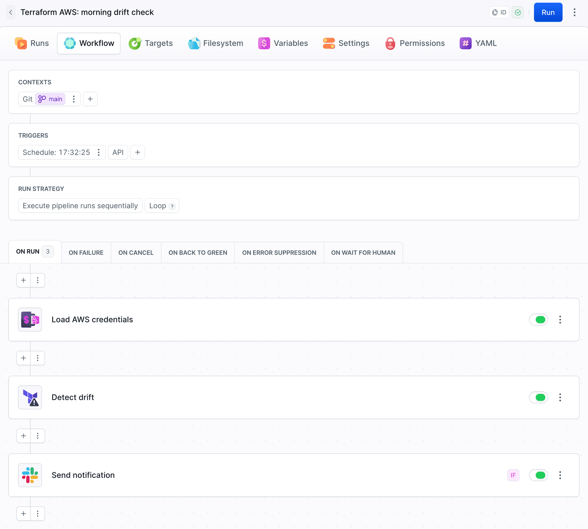 Scheduled pipeline with the Load AWS credentials, Detect drift, and Send notification actions
