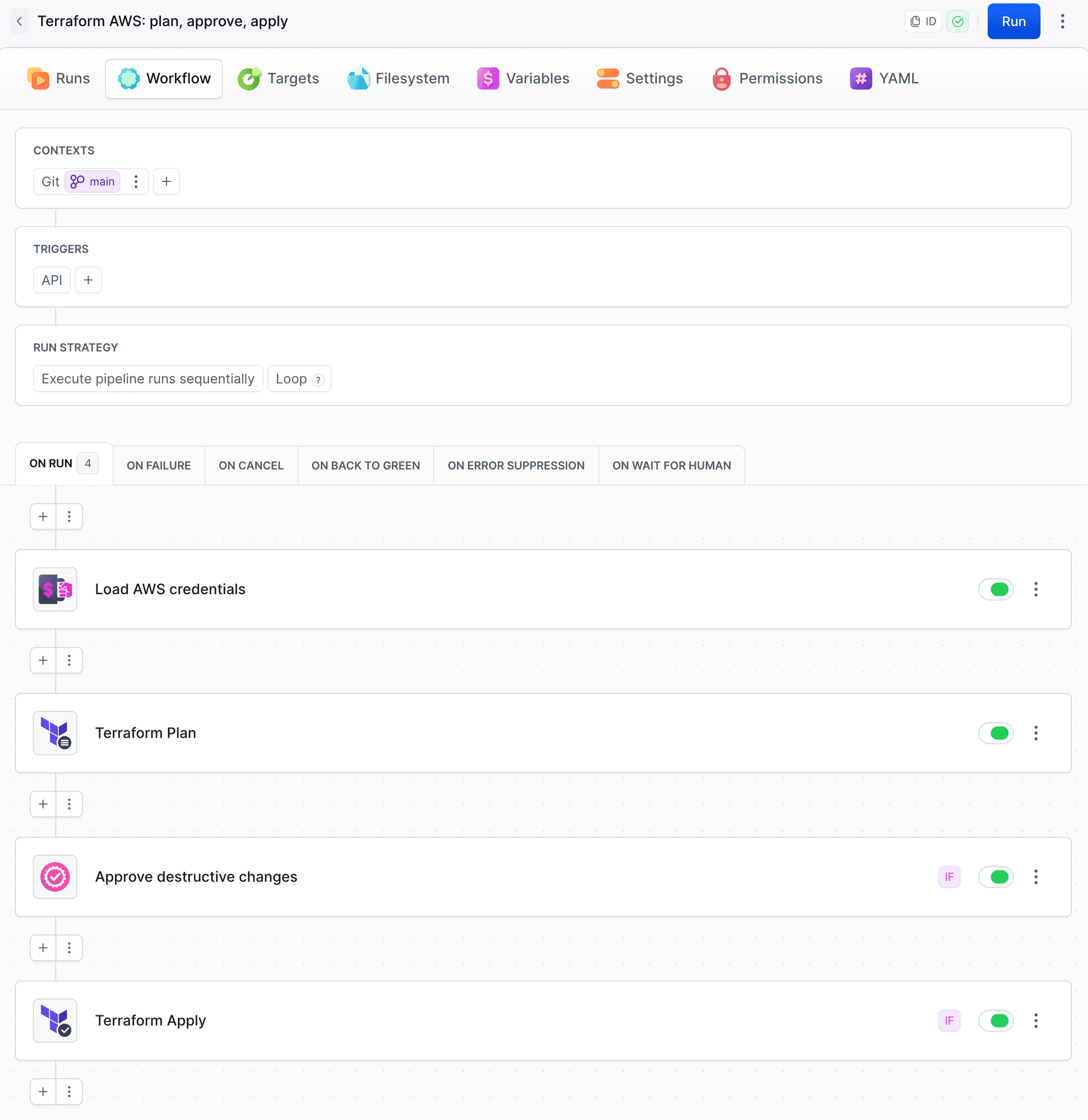 Pipeline with the Load AWS credentials, Terraform Plan, Approve destructive changes, and Terraform Apply actions
