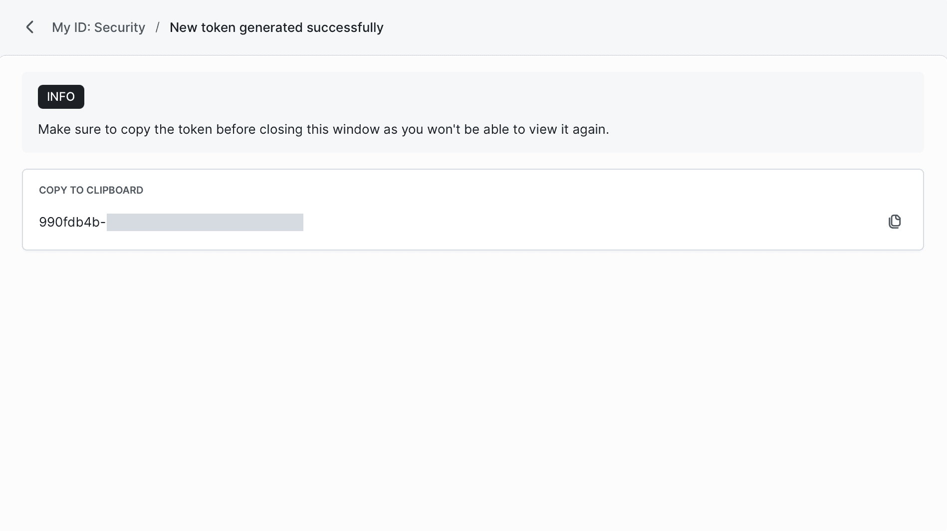 Dialog showing the newly generated token