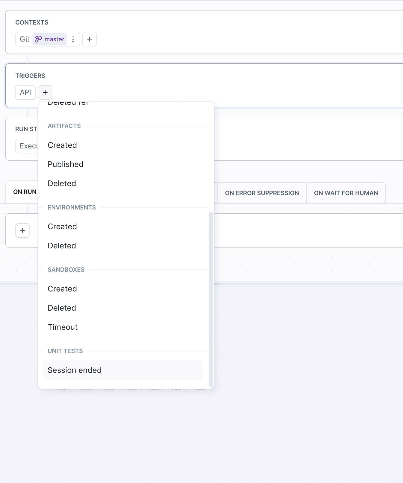 Unit Tests group in the trigger dropdown