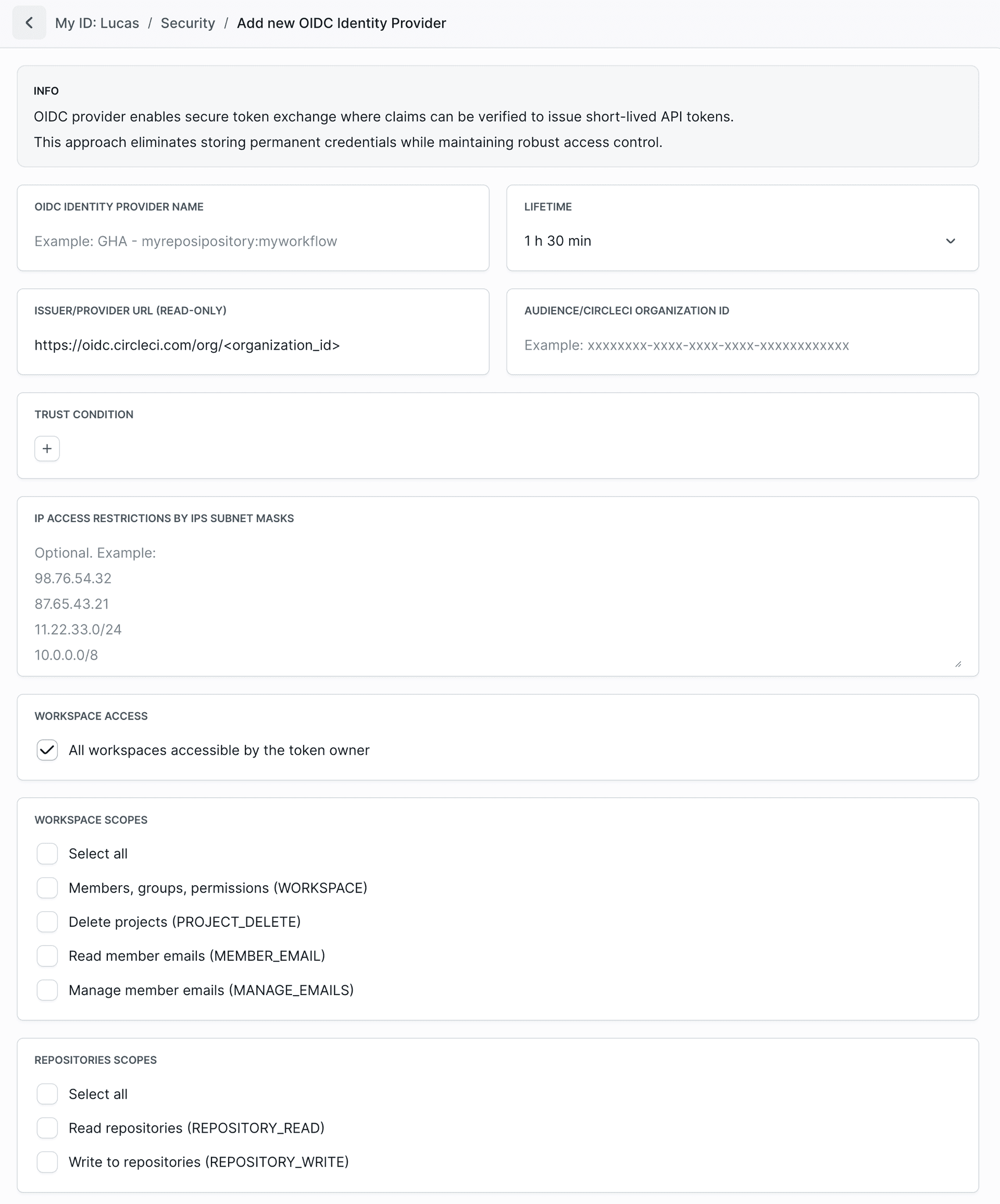 CircleCI OIDC identity provider configuration form with fields for organization ID, issuer URL, trust conditions, and scopes