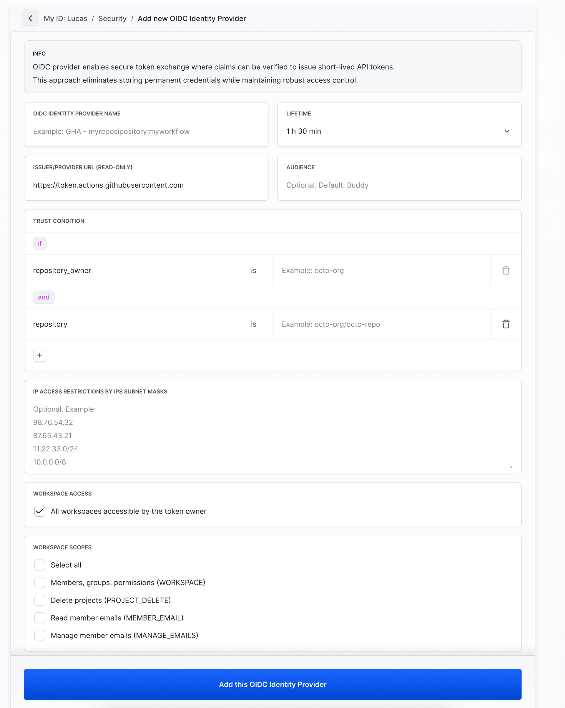 GitHub Actions OIDC identity provider configuration form with fields for name, lifetime, issuer URL, audience, trust conditions, and scopes