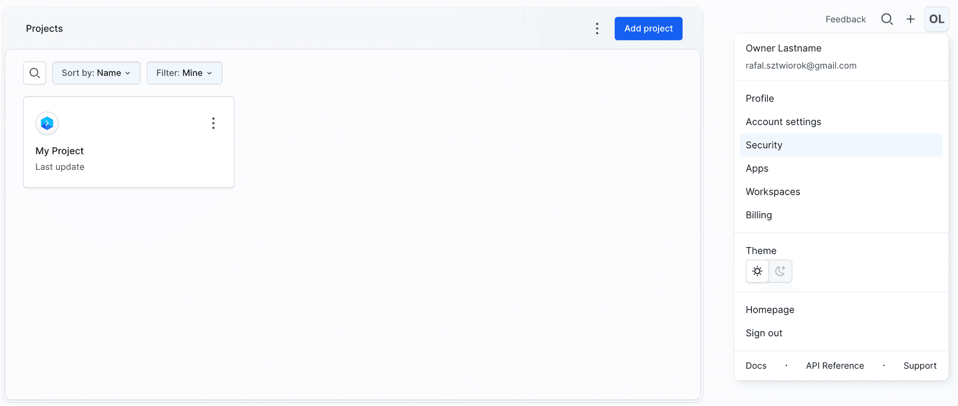 User menu with Security tab highlighted