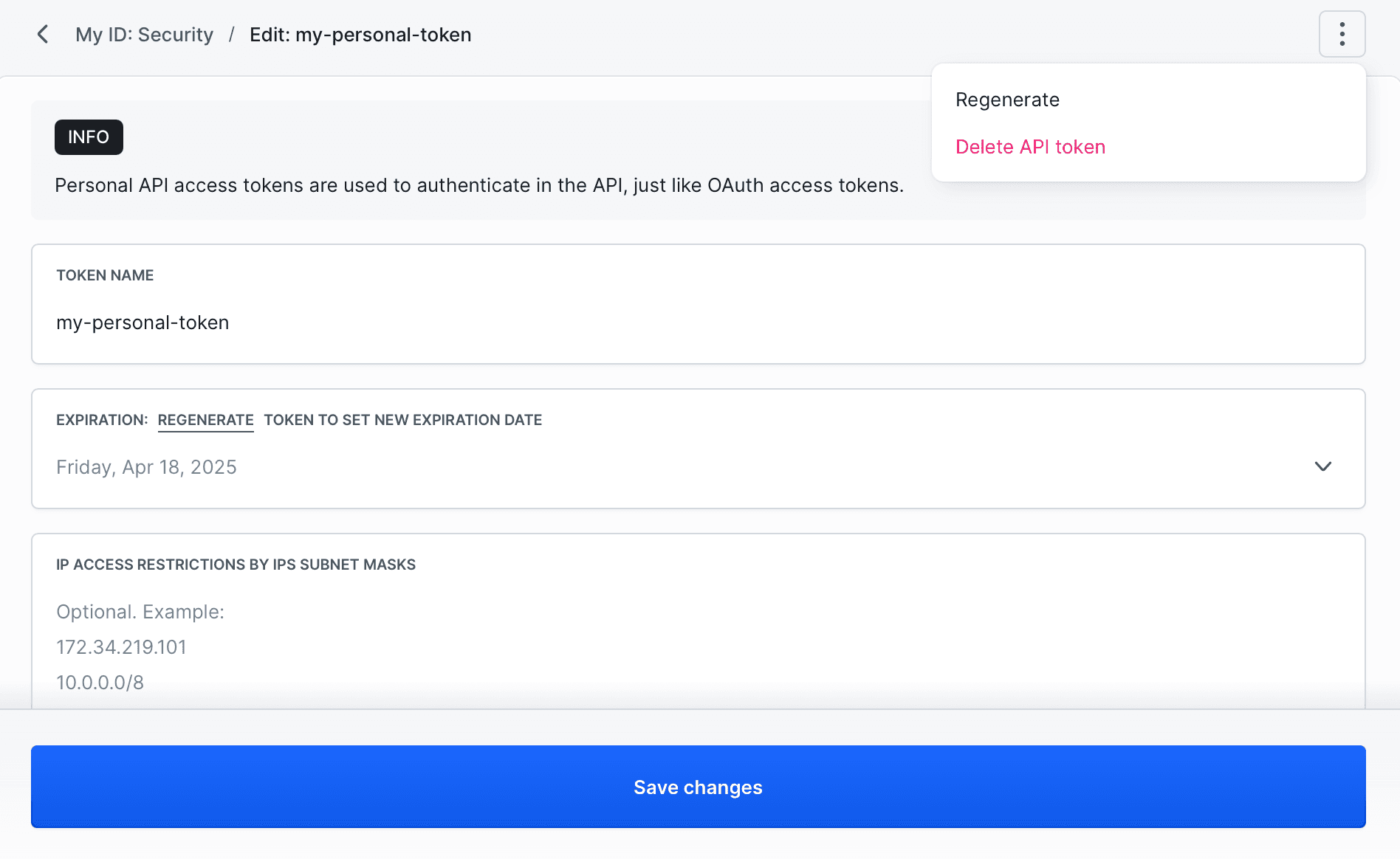 Token actions menu with 'Delete API token' option