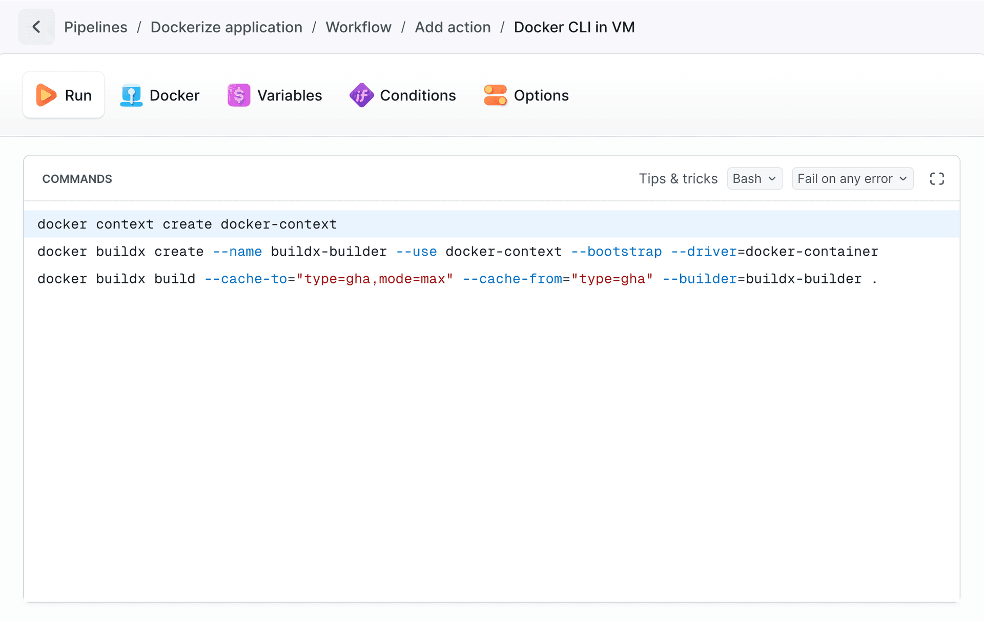 Docker CLI commands with cache configuration