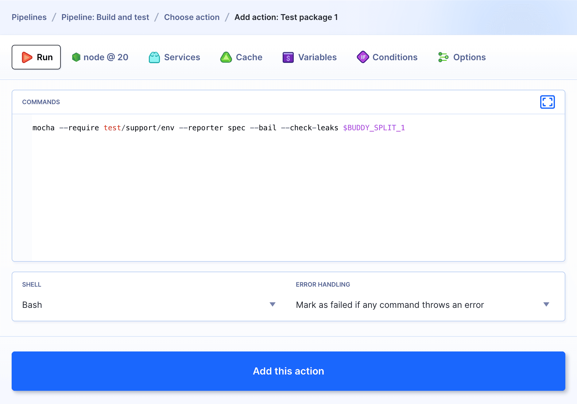 Build action with variables generated by the Split Test Files action