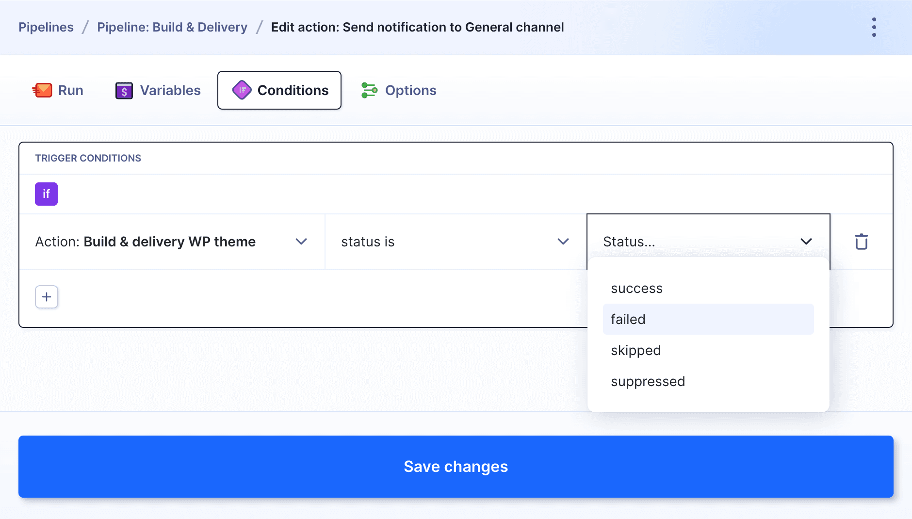 Condition: run depending on the action status