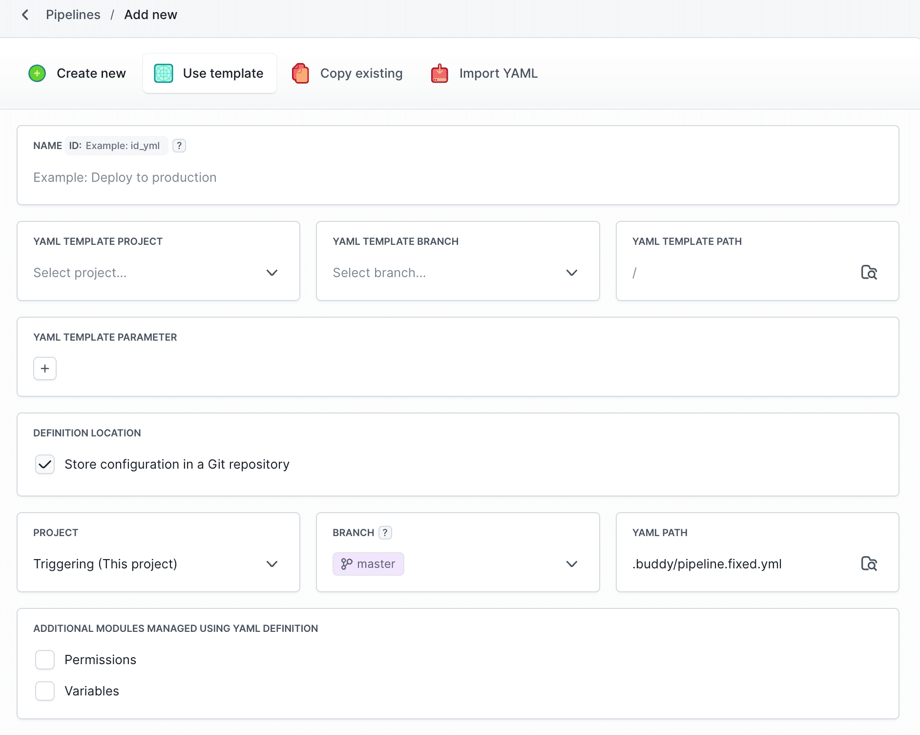 Template configuration