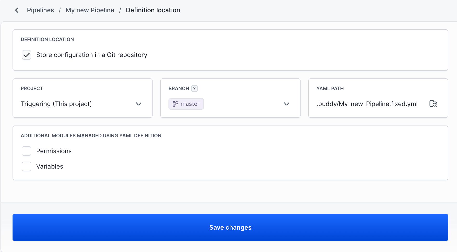 Configure pipeline definition location with project, branch, and YAML path