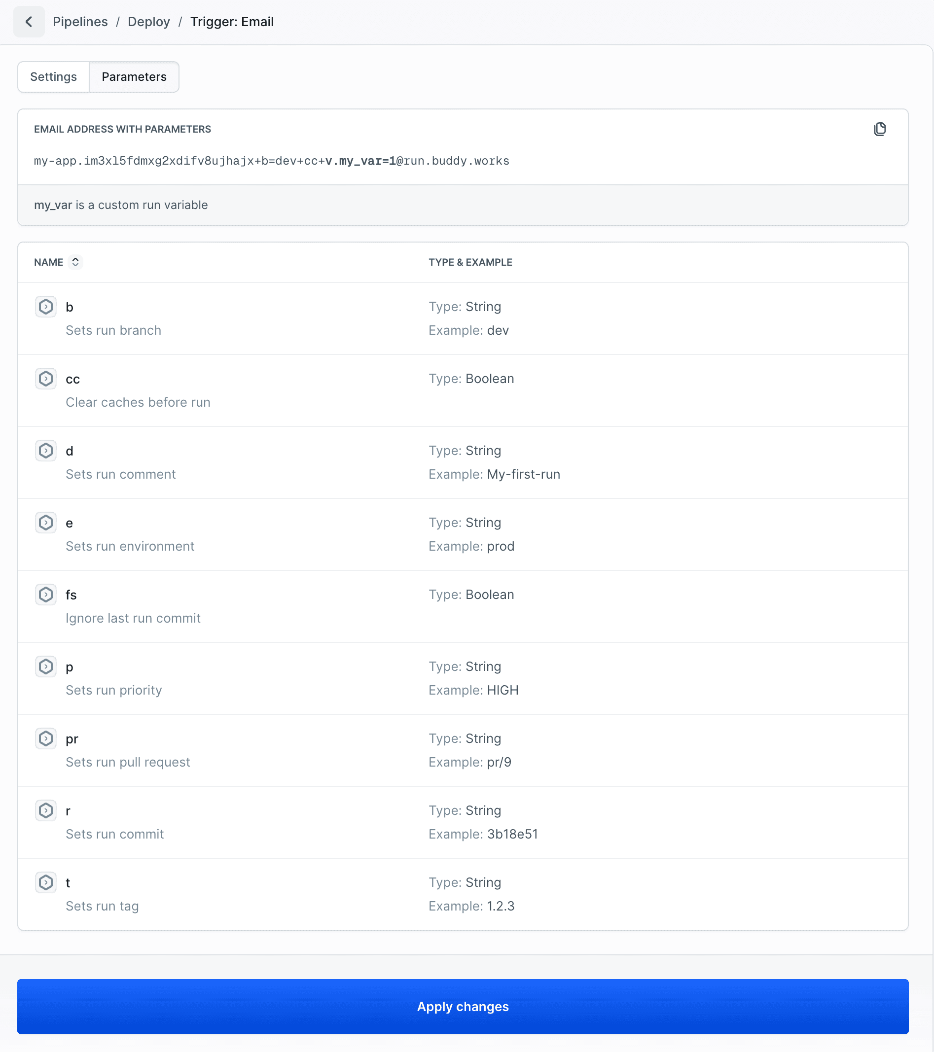 Email parameters configuration showing branch, cache, comment, environment, and variable settings
