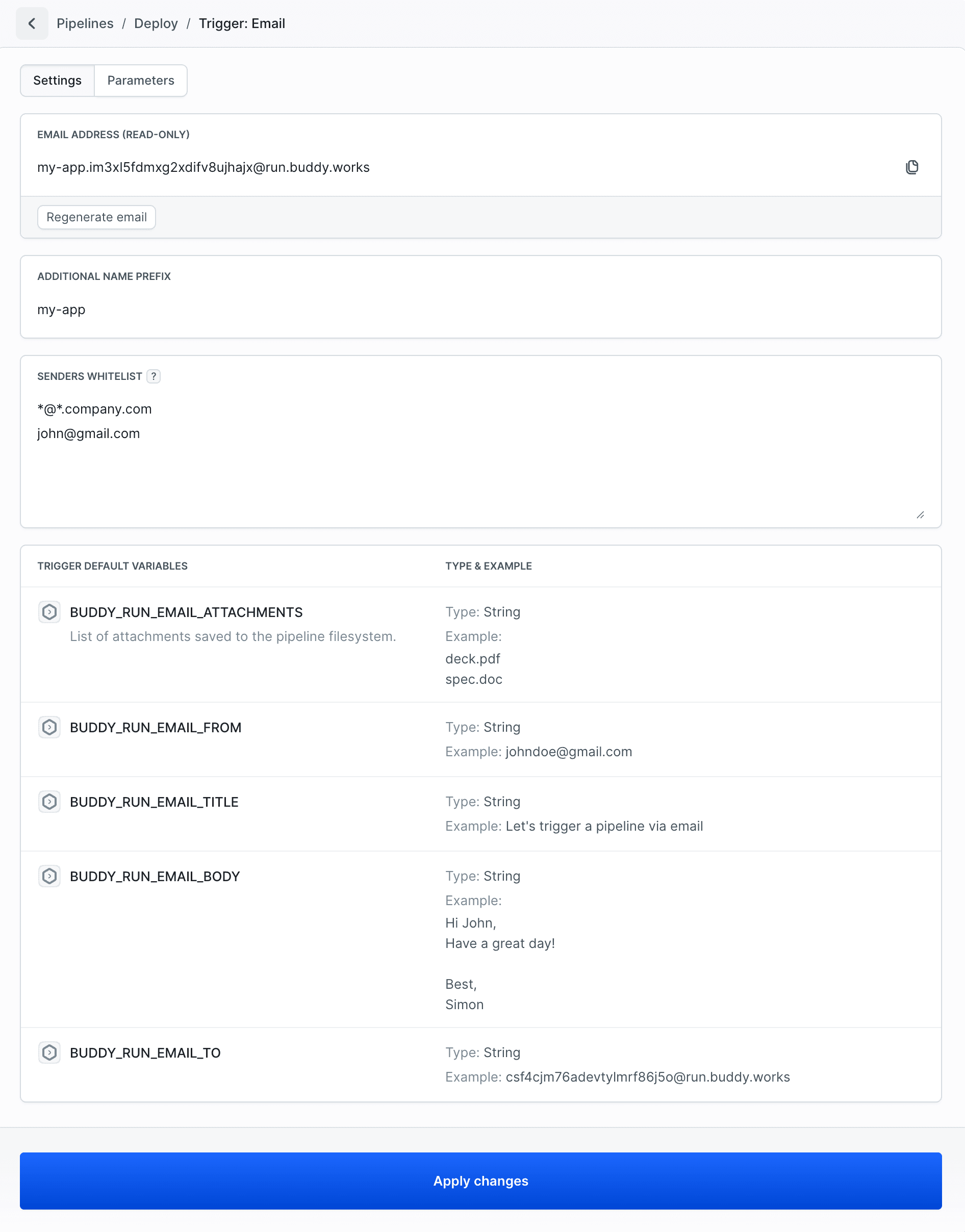 Email settings with address, prefix and whitelist options