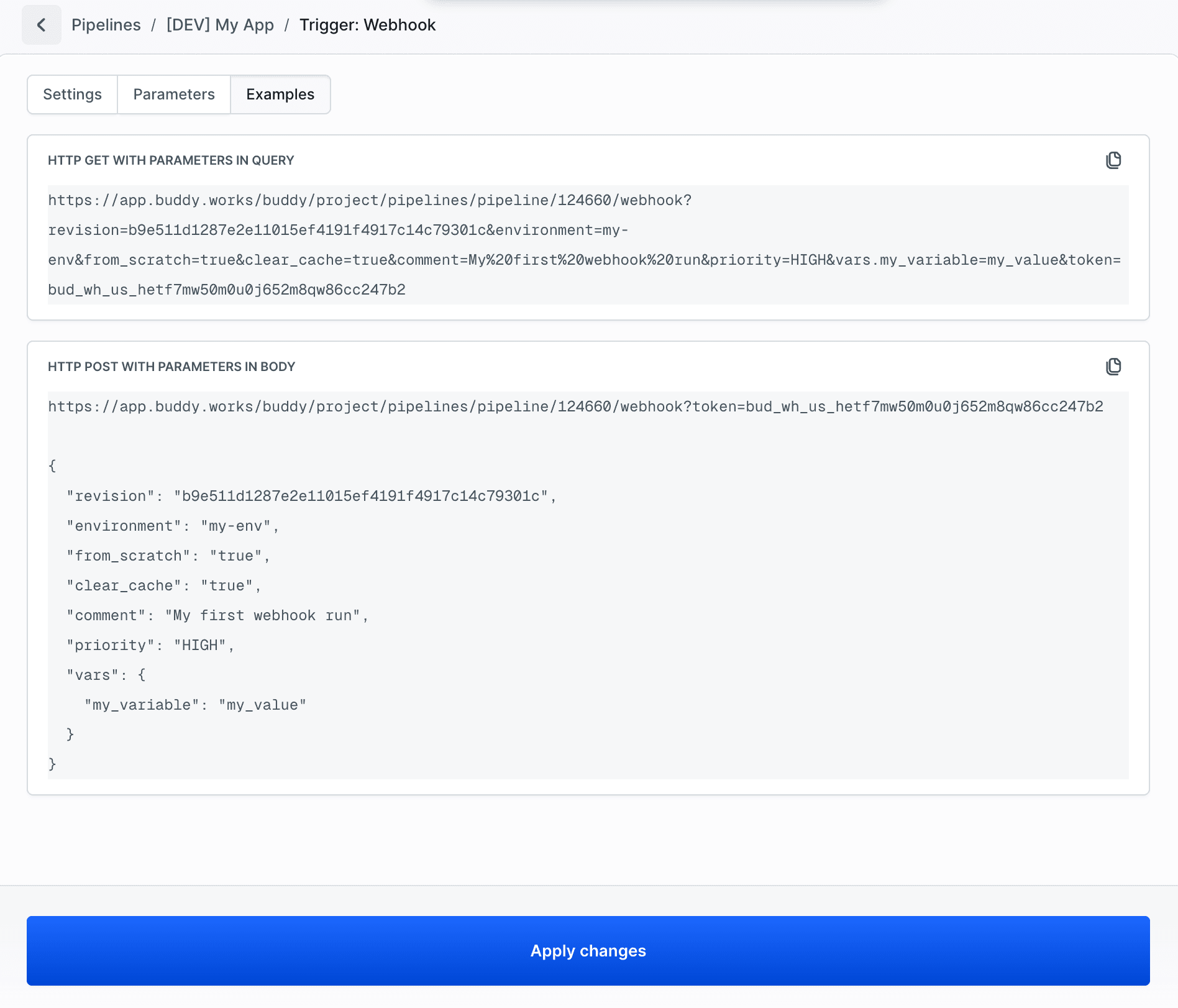 HTTP GET and POST examples with webhook parameters