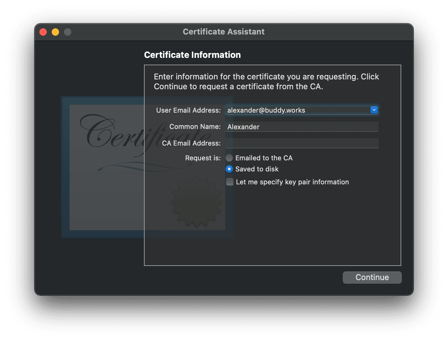 Certificate Assistant window