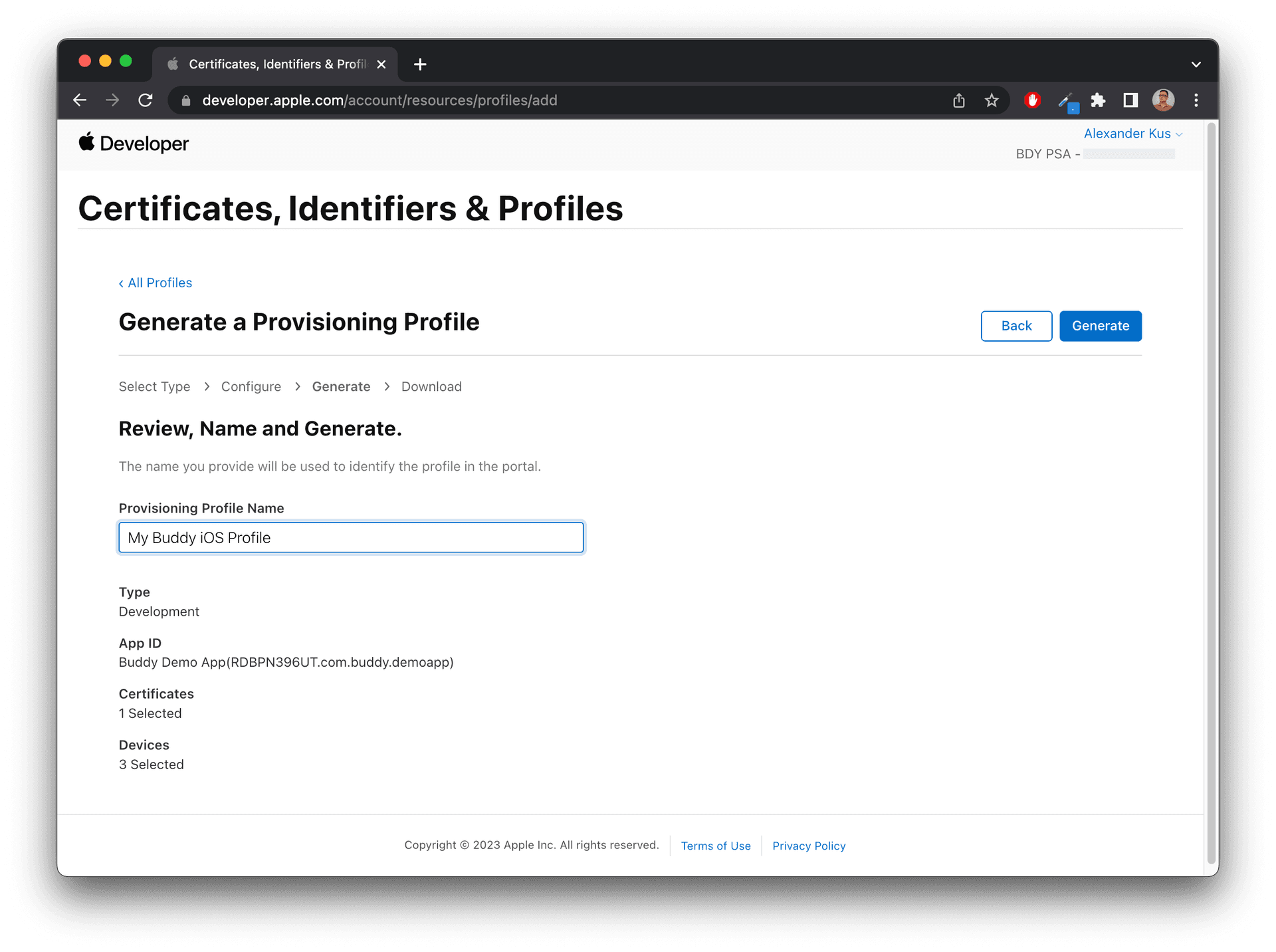 Provisioning profile generation view