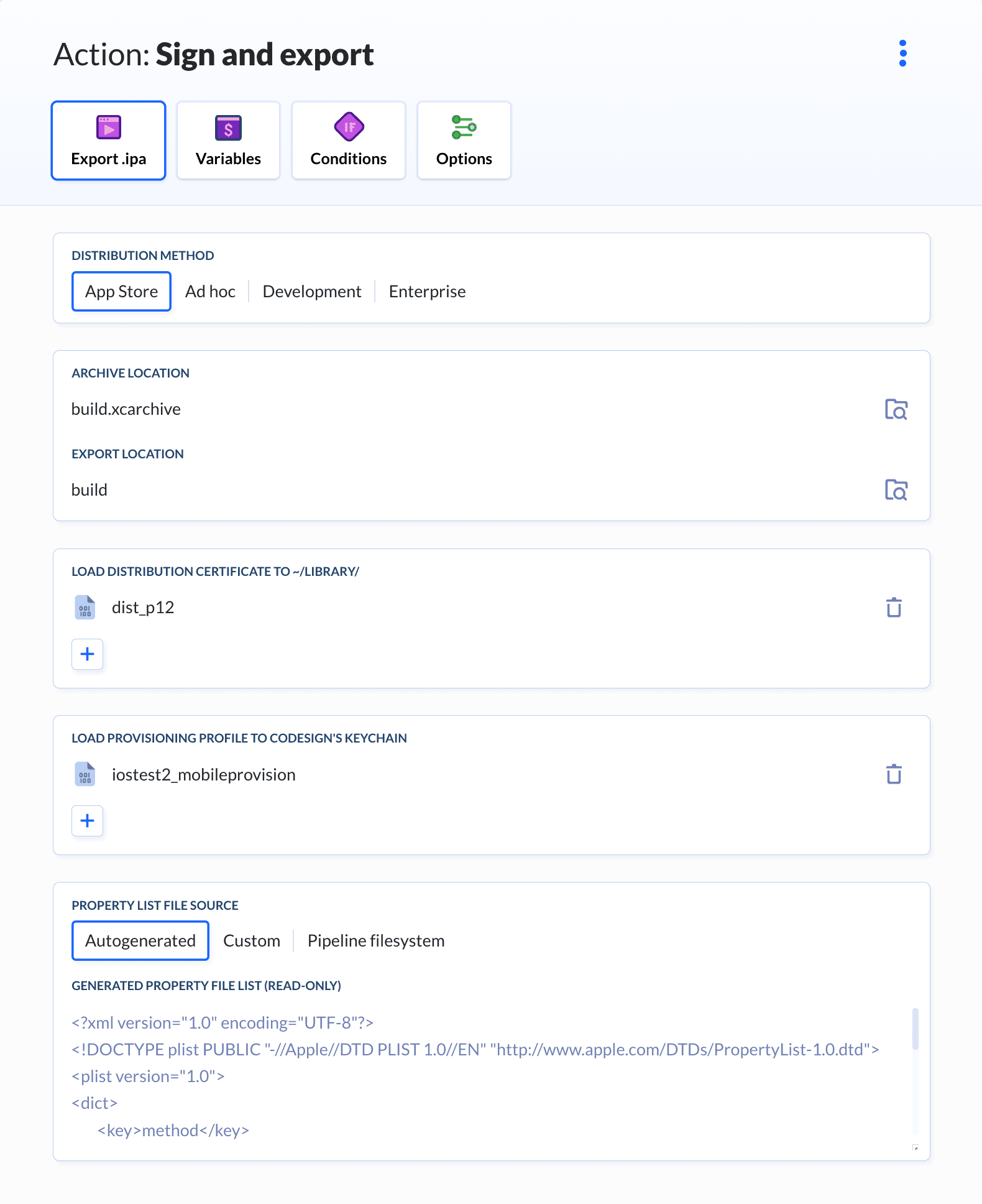 Sign & Export action configuration